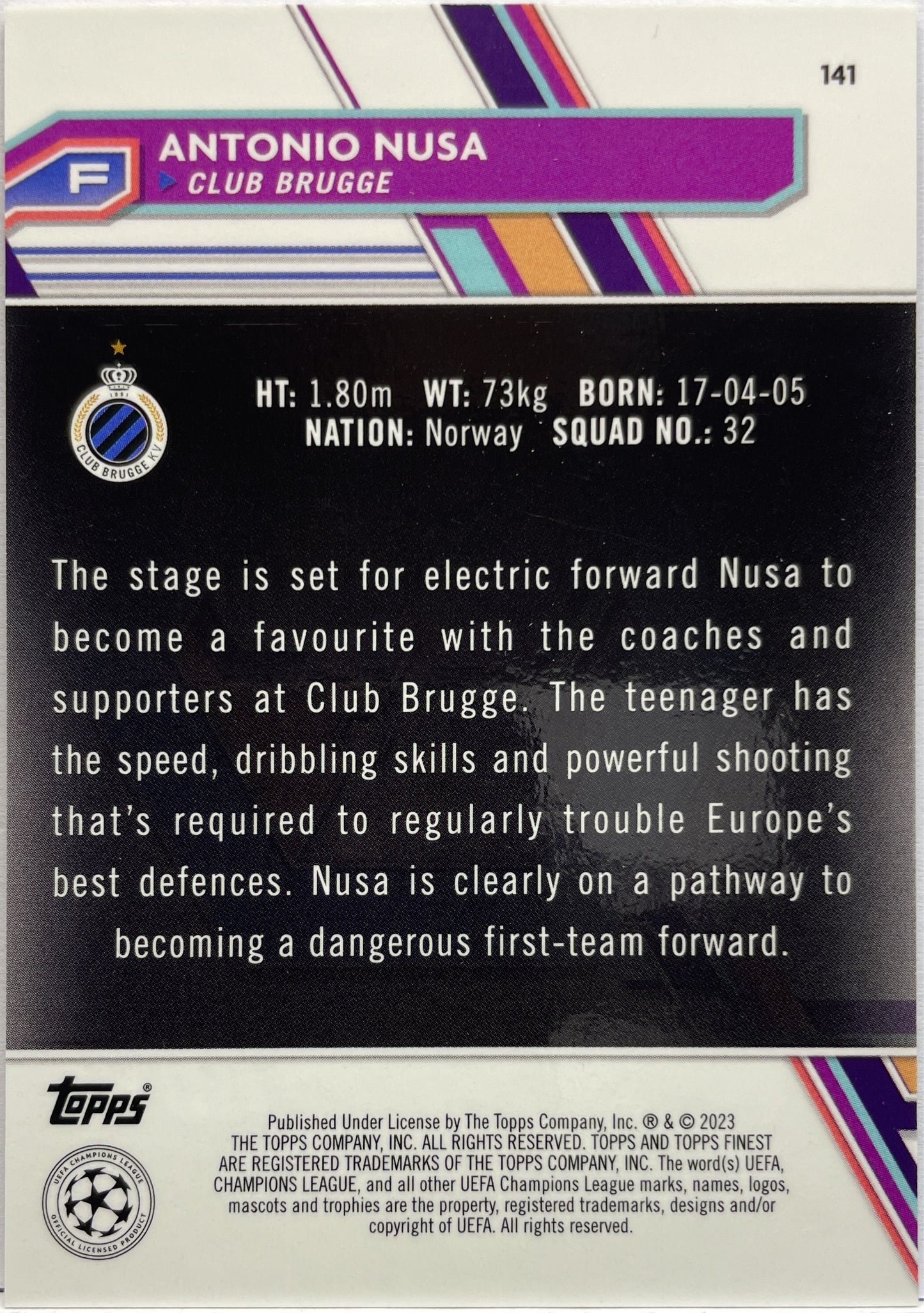 Antonio Nusa 16/299 Rookie Purple Topps Finest UCC 2022/23