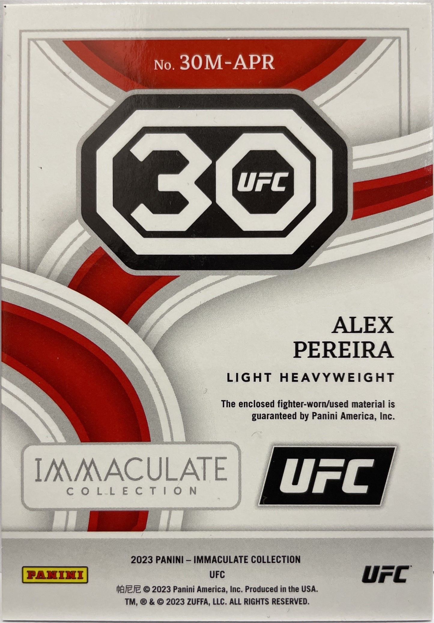 Alex Pereira 19/30 Rookie Patch 30 Years Immaculate UFC 2023