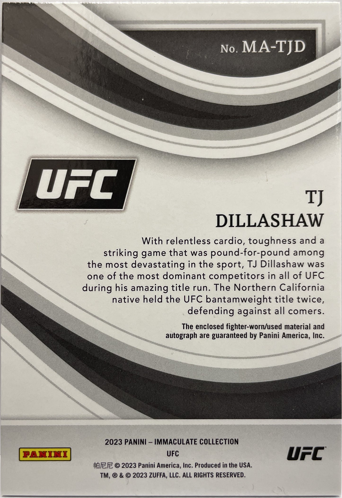 Tj Dillashaw 2/99 Memorabilia Autograph Patch Immaculate UFC 2023