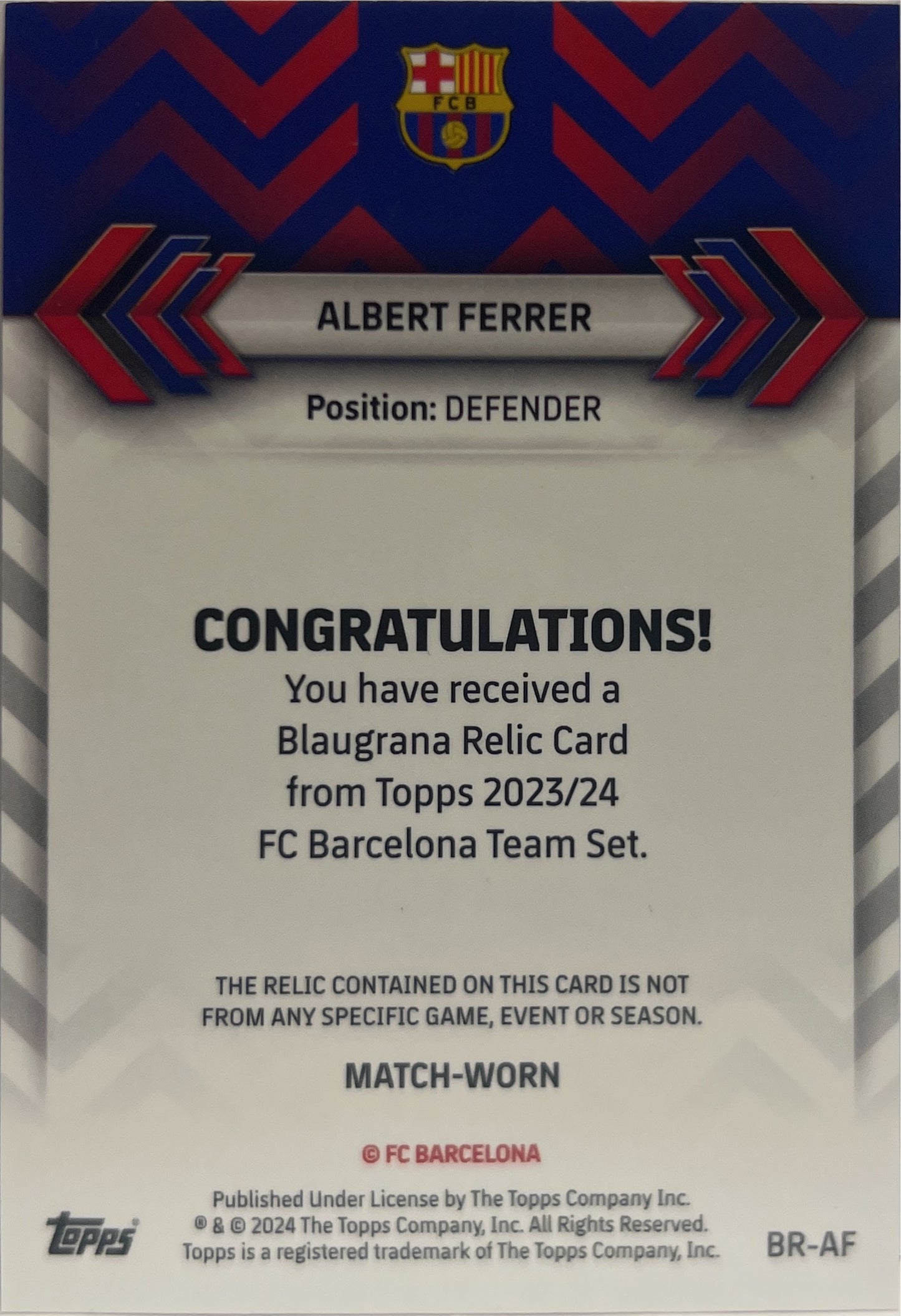 Albert Ferrer 6/50 Patch Topps Team Set Barcelona 2023/24