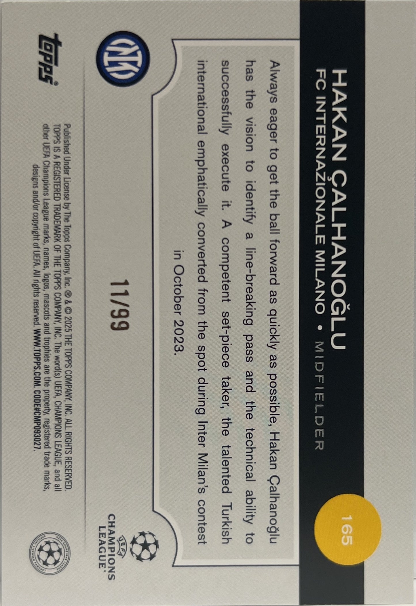 Hakan Calhanoglu 11/99 Green Topps UCC 2024/25