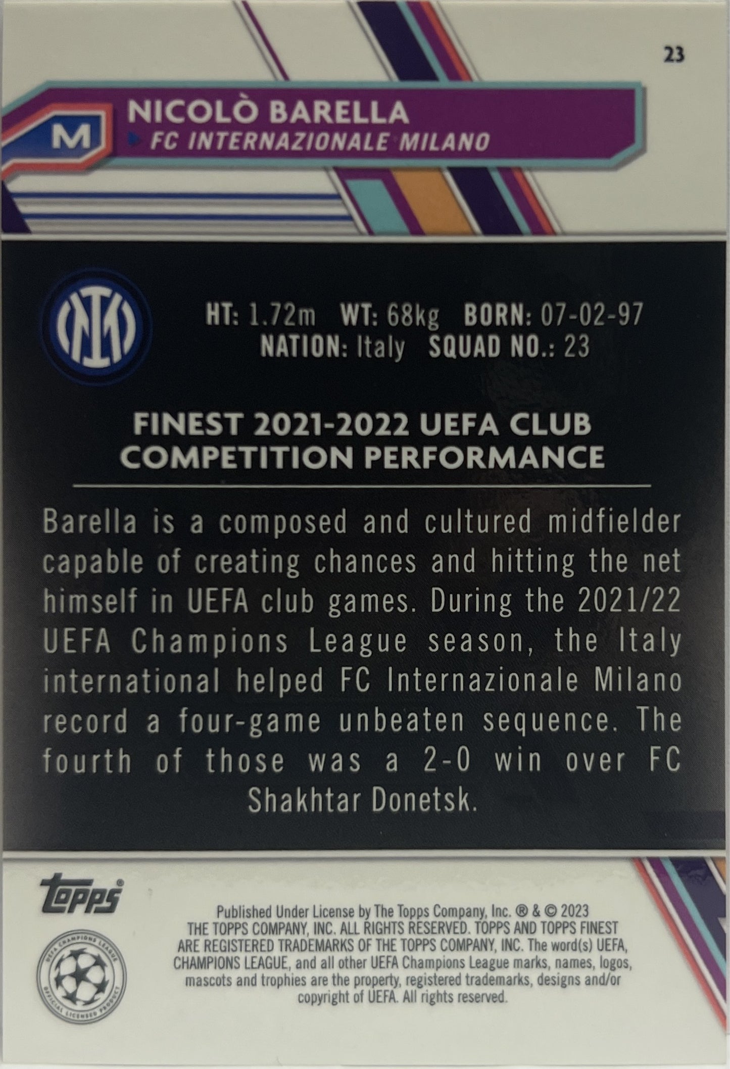 Nicolo Barella 11/25 Orange Topps Finest UCC 2022/23