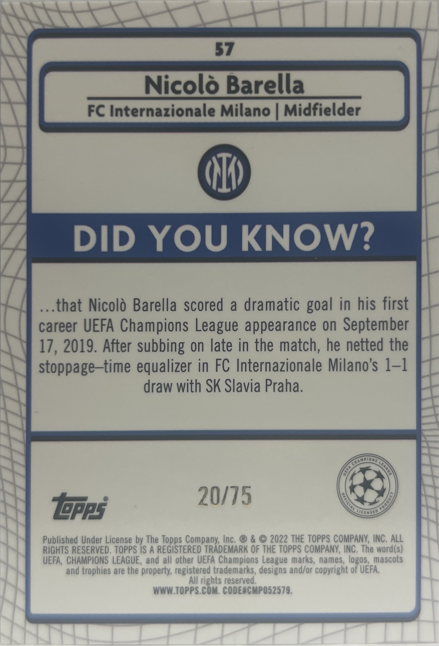 Nicolo Barella 20/75 Blue Shimmer Topps Chrome Merlin UCC 2021/22