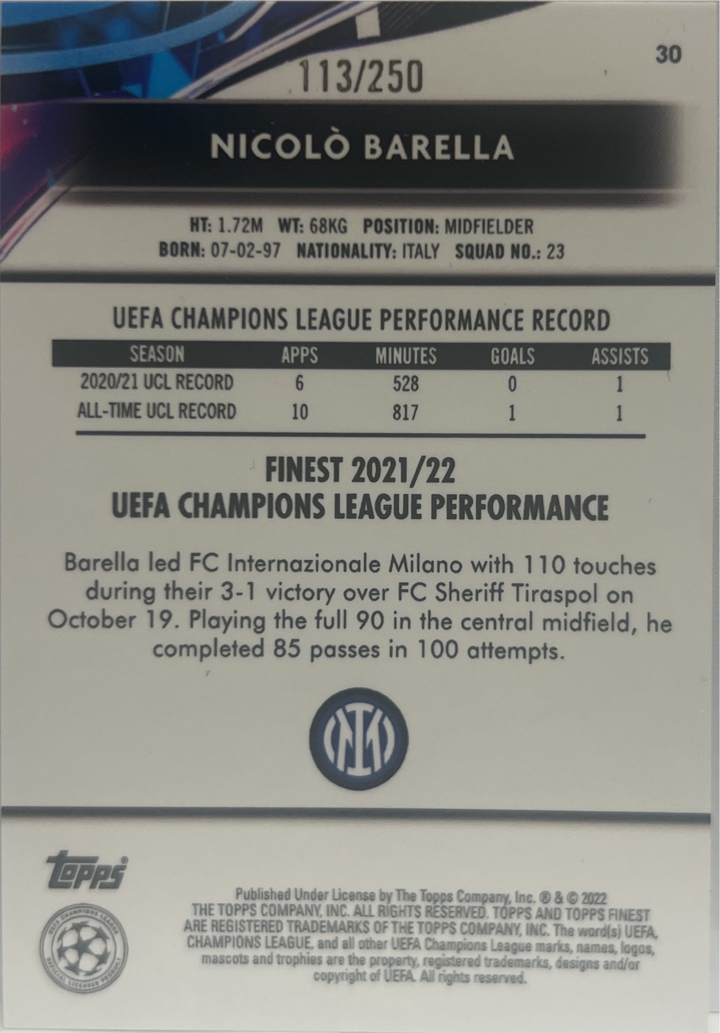 Nicolo Barella 113/250 Yellow Topps Finest UCL 2021/22