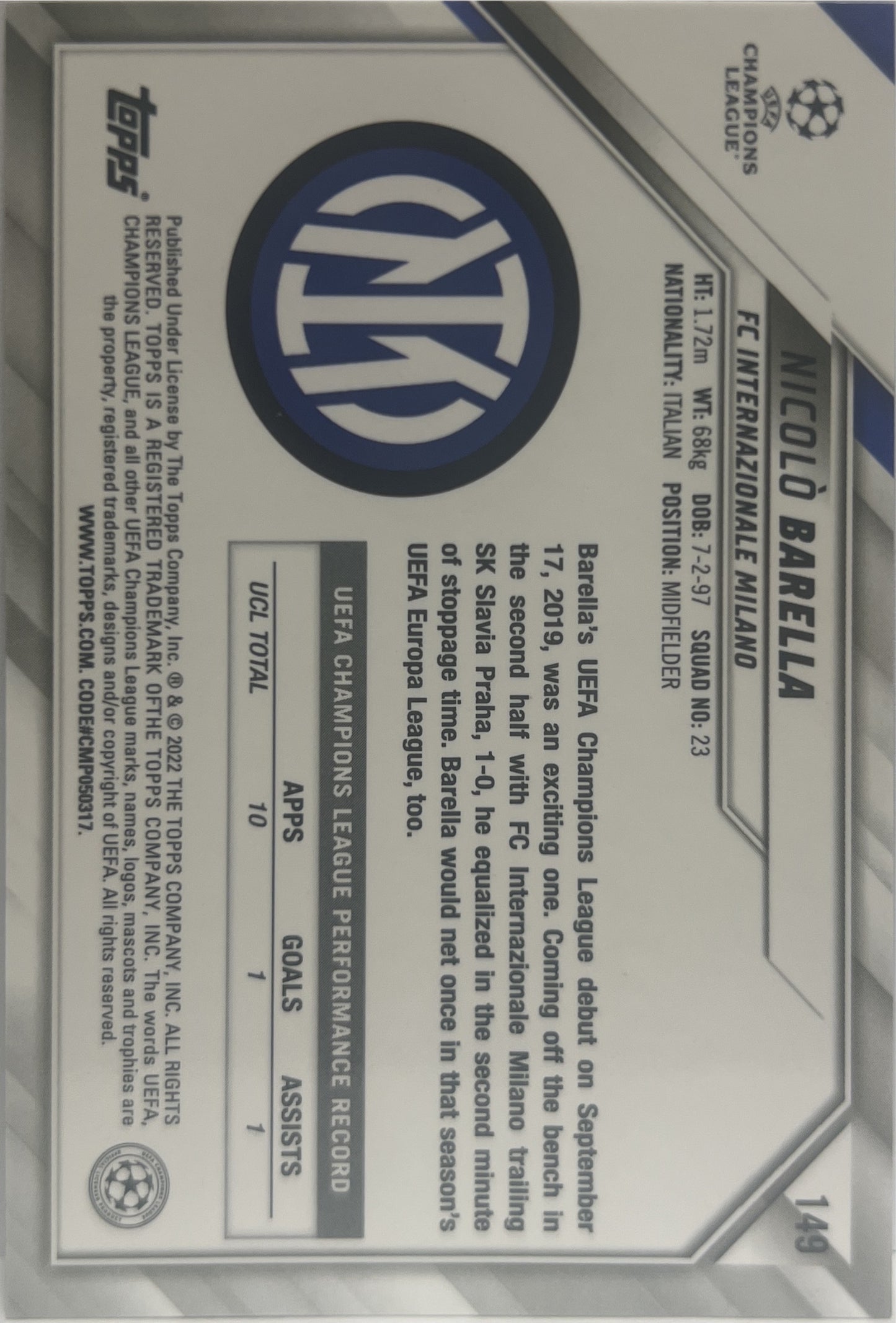Nicolo Barella Cracked Ice Blue Topps Chrome UCL 2020/21