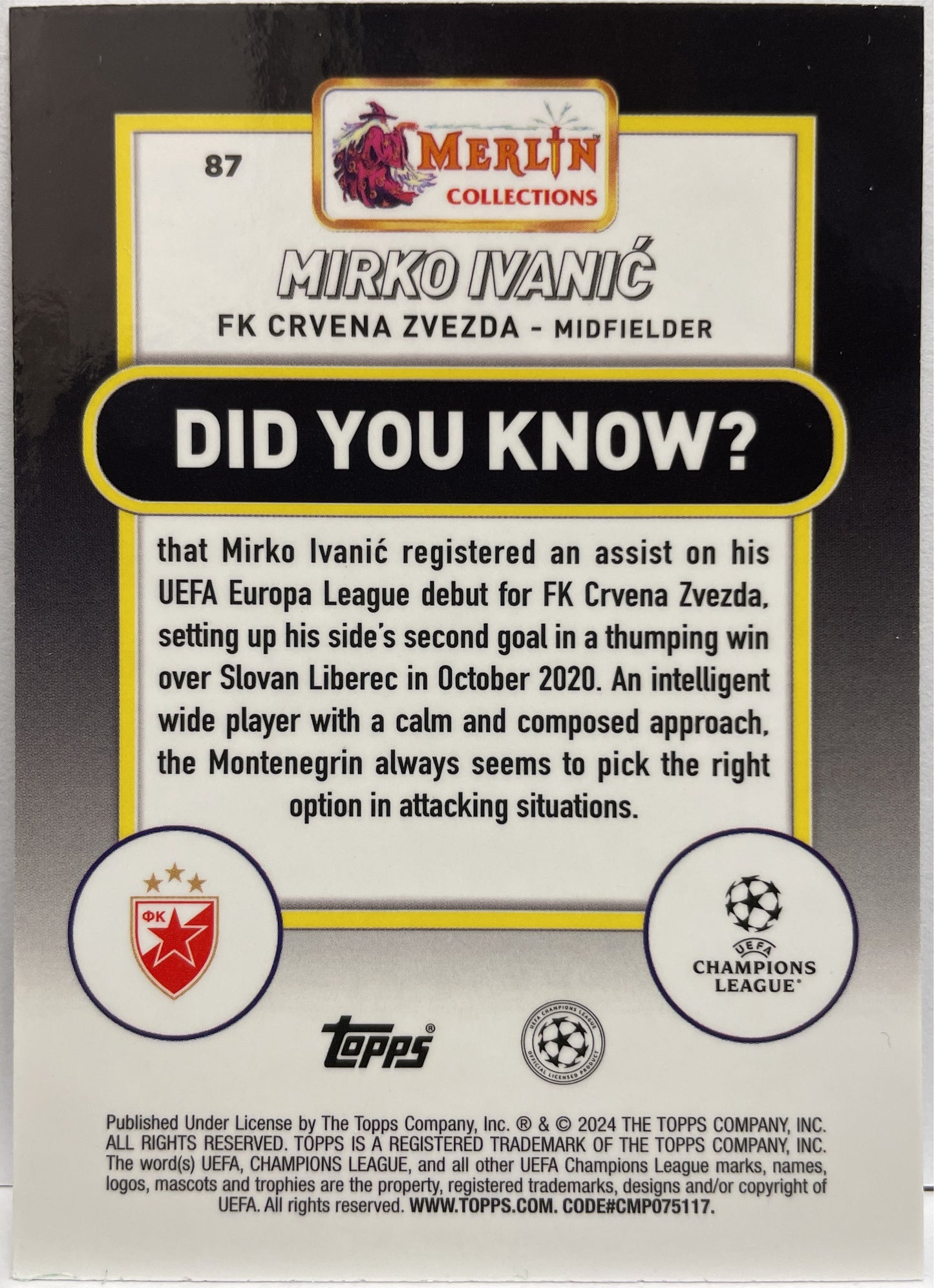 Mirko Ivanic 72/99 Green Topps Chrome Merlin UCC 2023/24