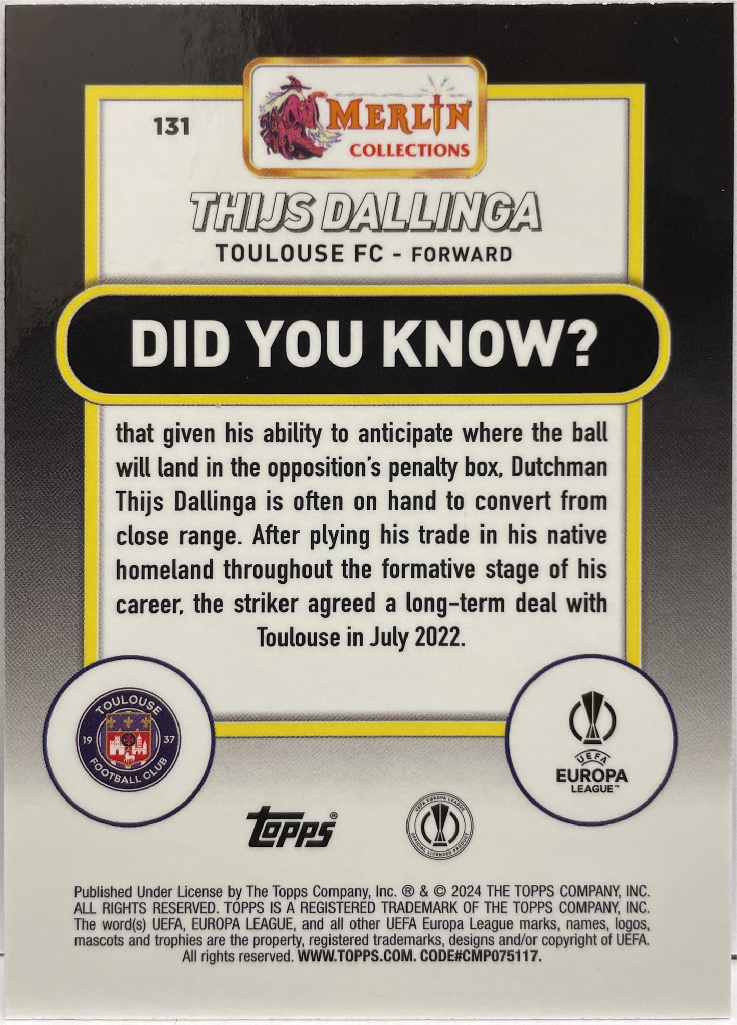 Thijs Dallinga 156/250 Atomic Topps Chrome Merlin UCC 2023/24