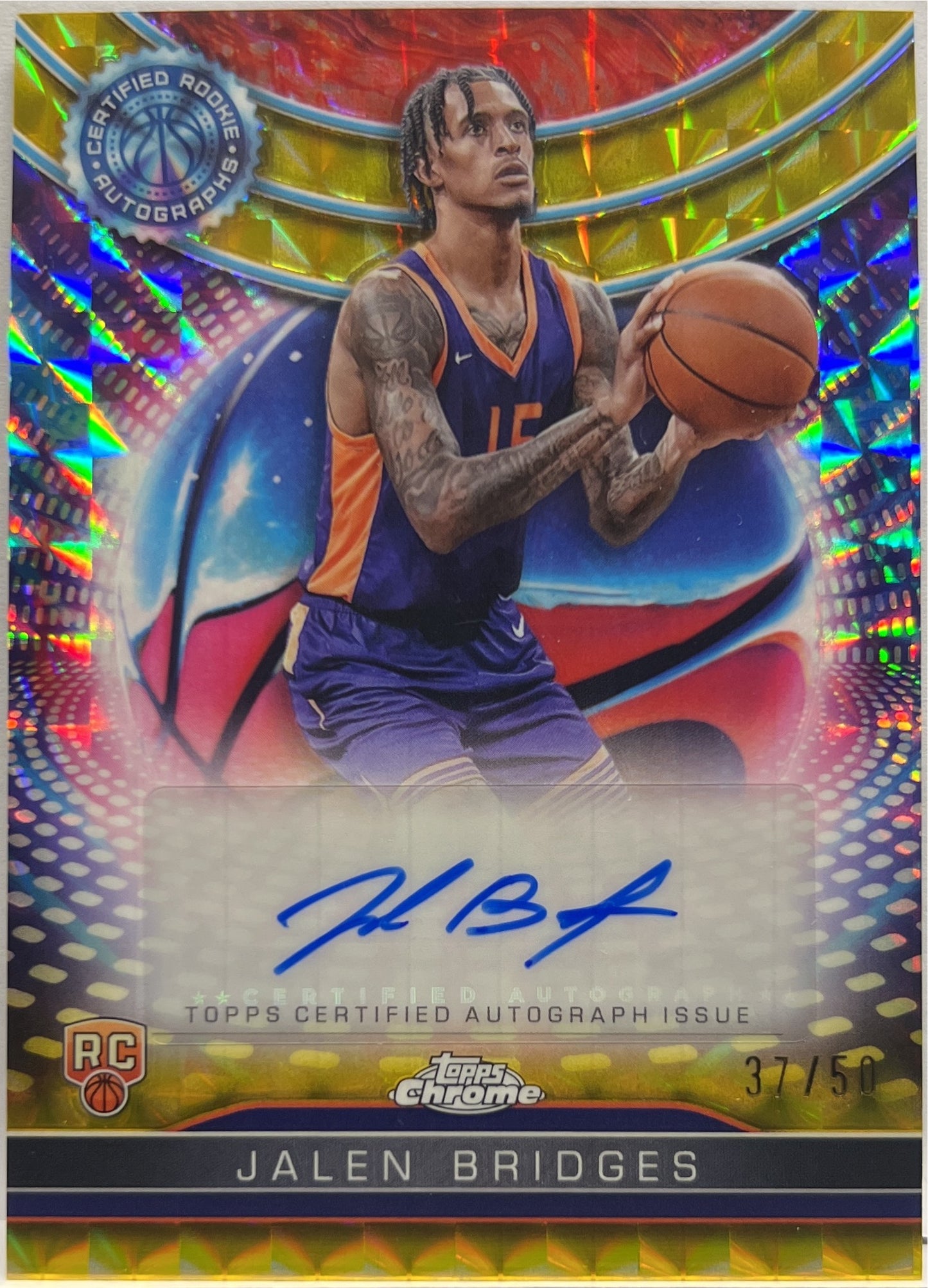 Jalen Bridges 37/50 Rookie Certified Autograph Gold Geometric Topps Chrome Basketball NBA 2024/25