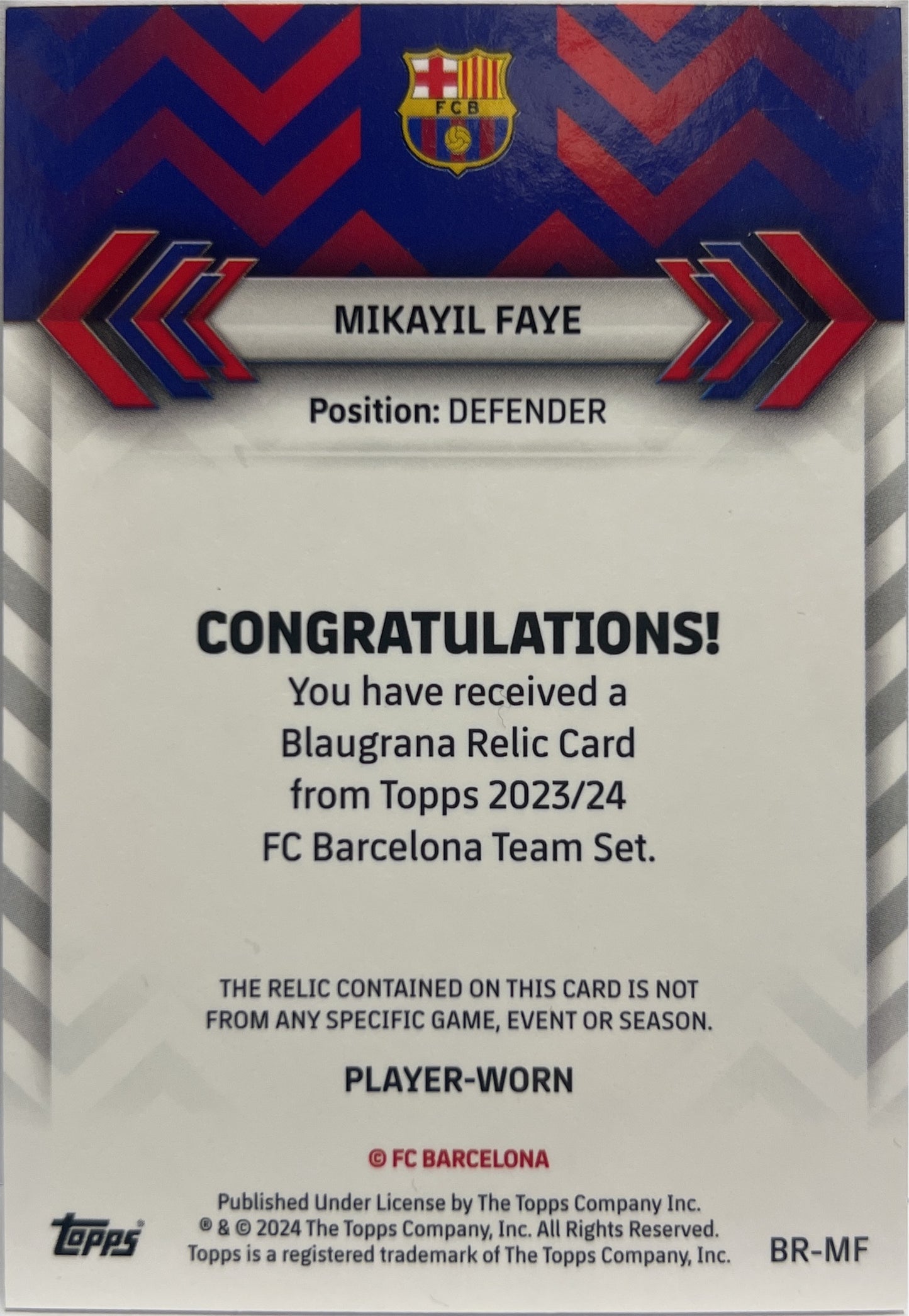 Mikayil Faye Rookie Patch Blaugrana Topps Team Set Barcelona 2023/24