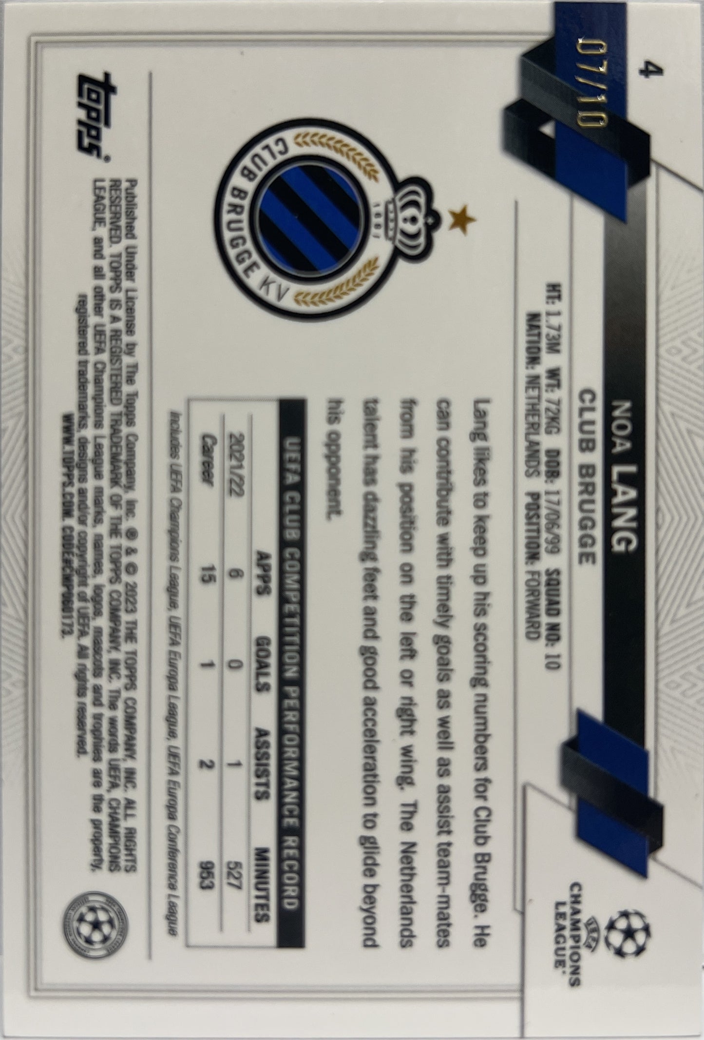 Noa Lang 7/10 Black Topps Chrome UCC 2022/23