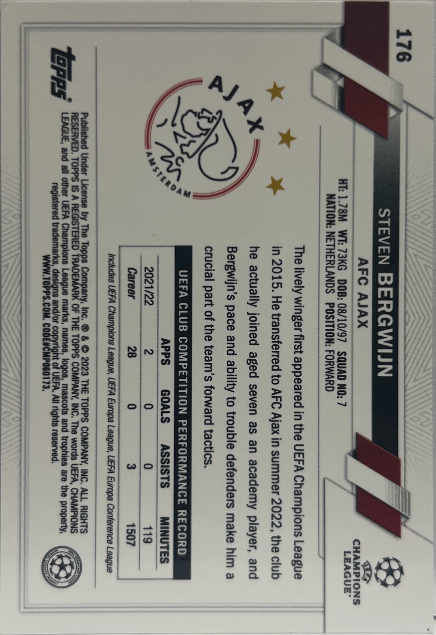 Steven Bergwijn Red & Gold Seismic Topps Chrome UCC 2022/23