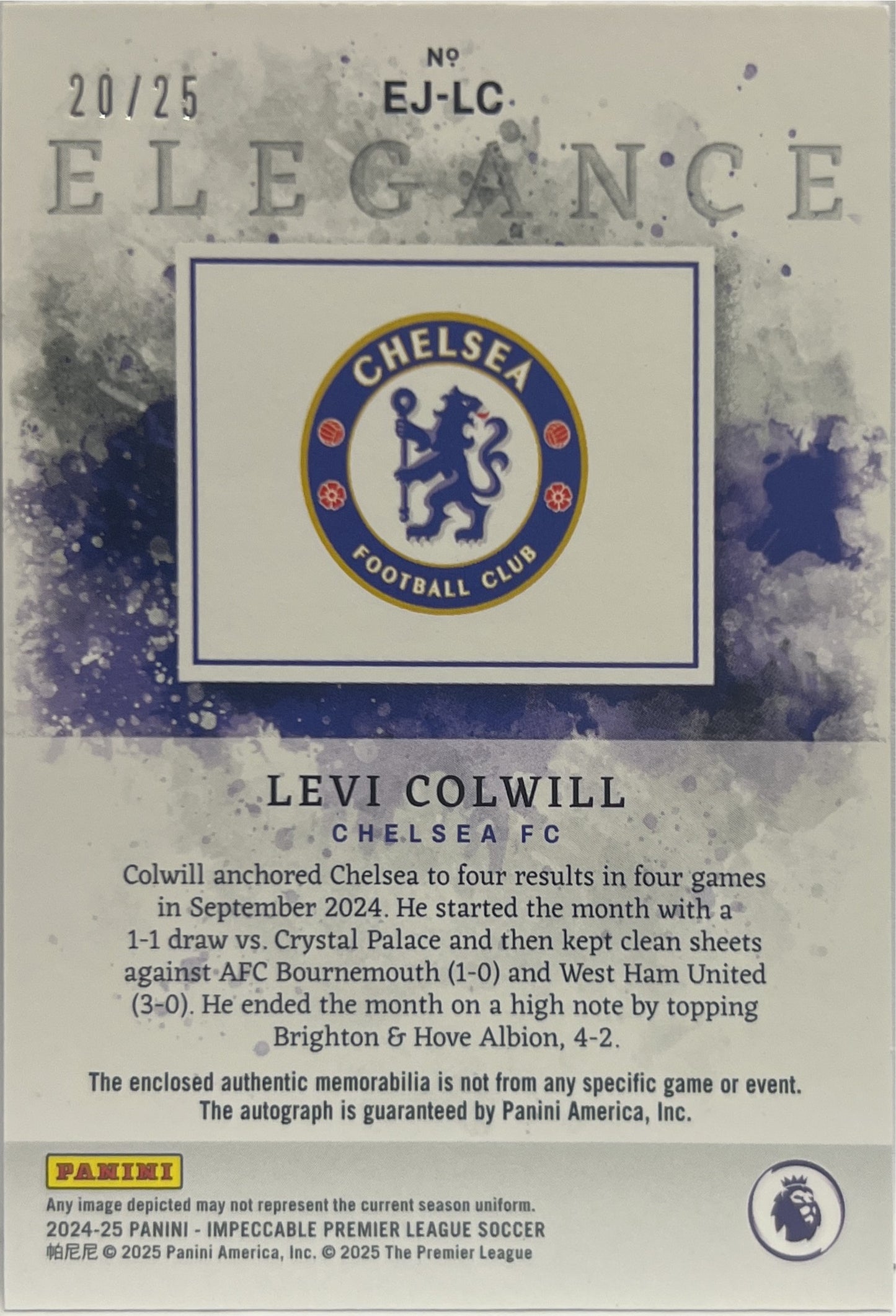 Levi Colwill 20/25 Patch Autograph Elegance Silver Impeccable Premier League 2024/25