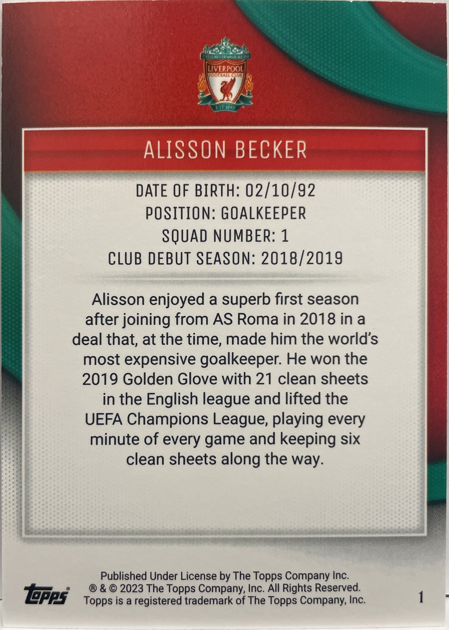 Alisson Becker 4/10 Topps Liverpool Team Set 2022/23