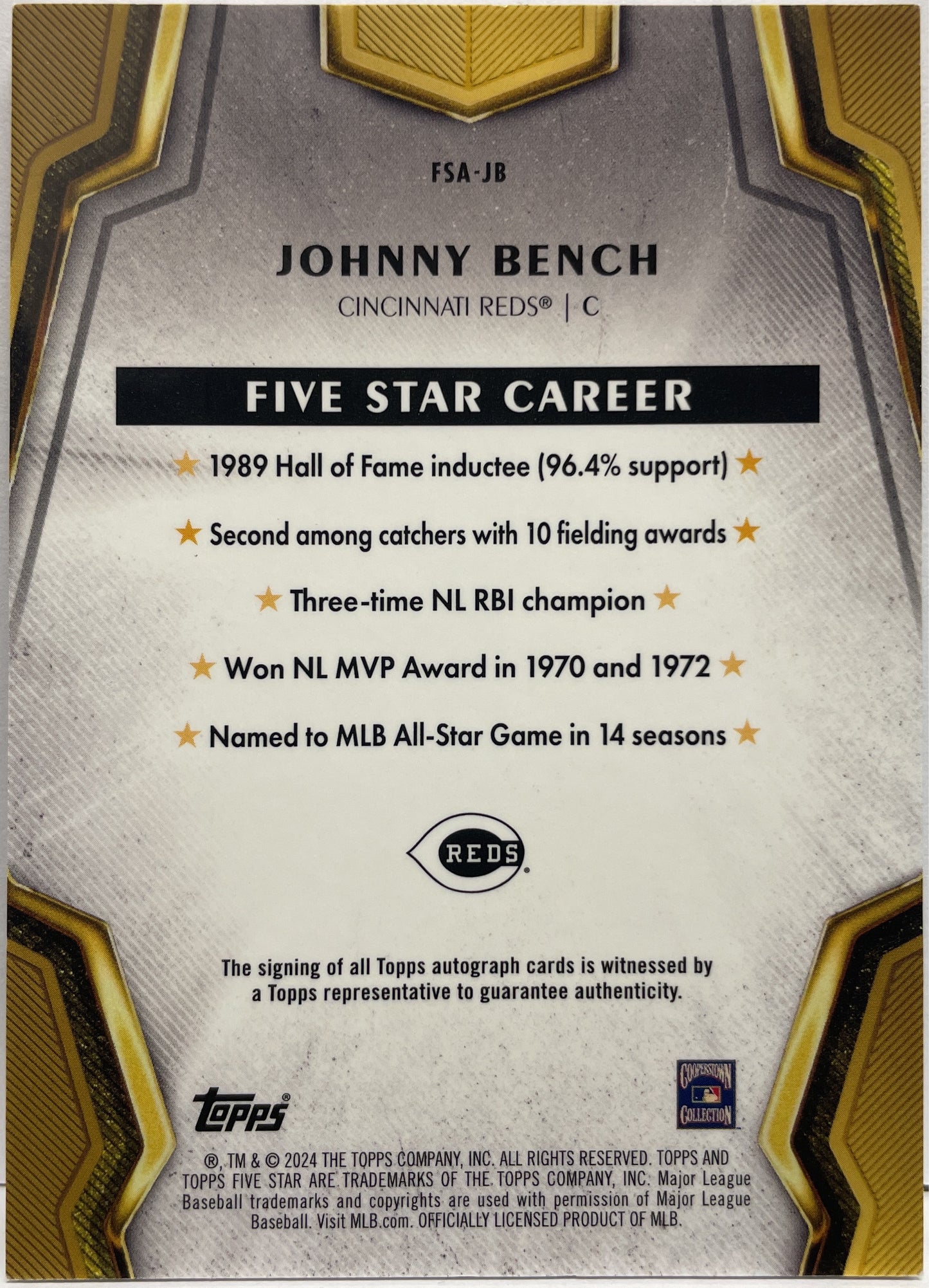 Johnny Bench 23/25 Autograph On Card Topps Five Star Baseball 2024