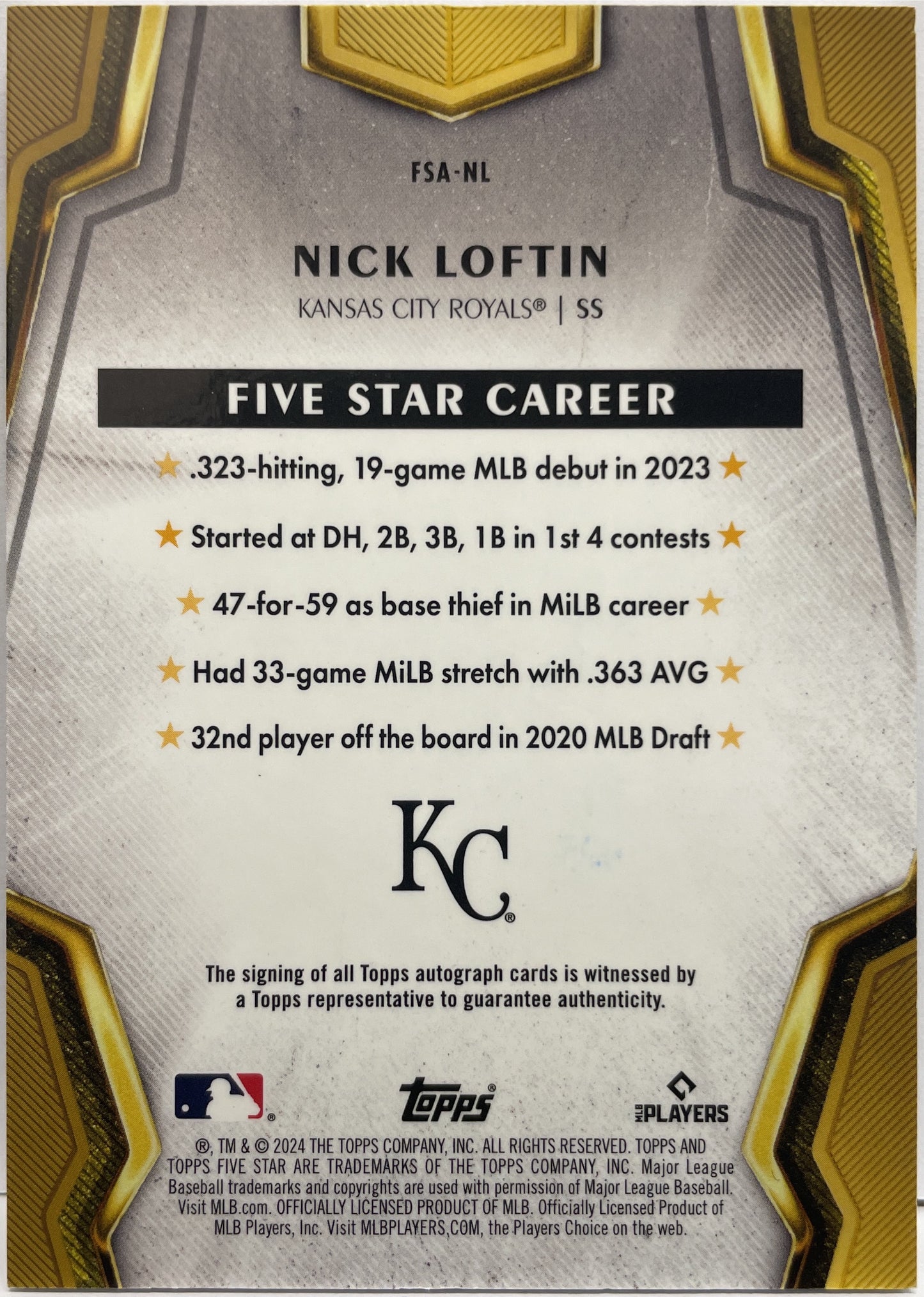 Nick Loftin Rookie Autograph On Card Topps Five Star Baseball 2024