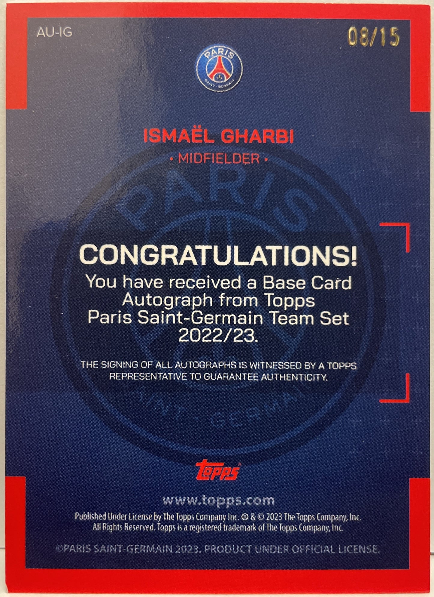 Ismael Gharbi 8/15 Autograph Purple Topps PSG Team Set 2022/23