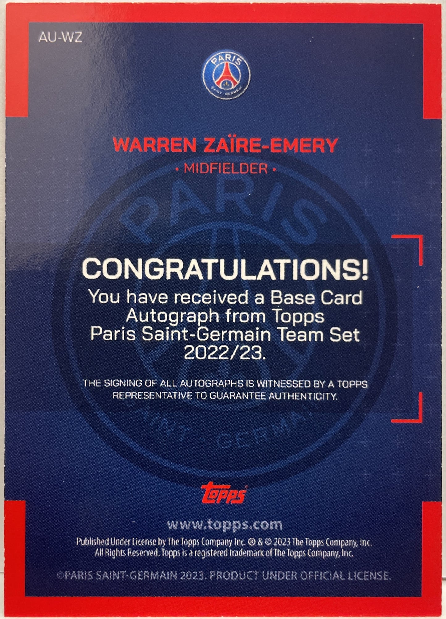 Warren Zaire-Emery Rookie Autograph Topps PSG Team Set 2022/23