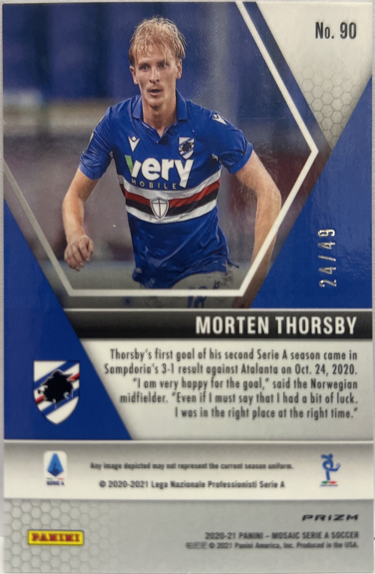 Morten Thorsby 24/49 Rookie Purple Mosaic Serie A 2020/21