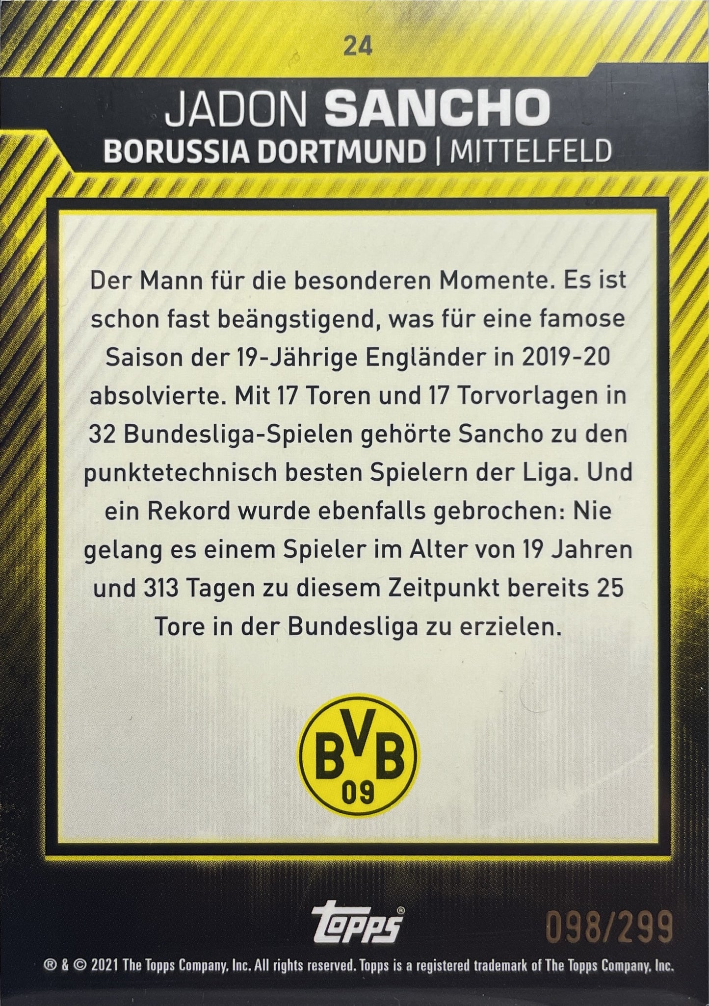 Sancho 98/299 Stamped Autograph Topps BVB Set 2020/21