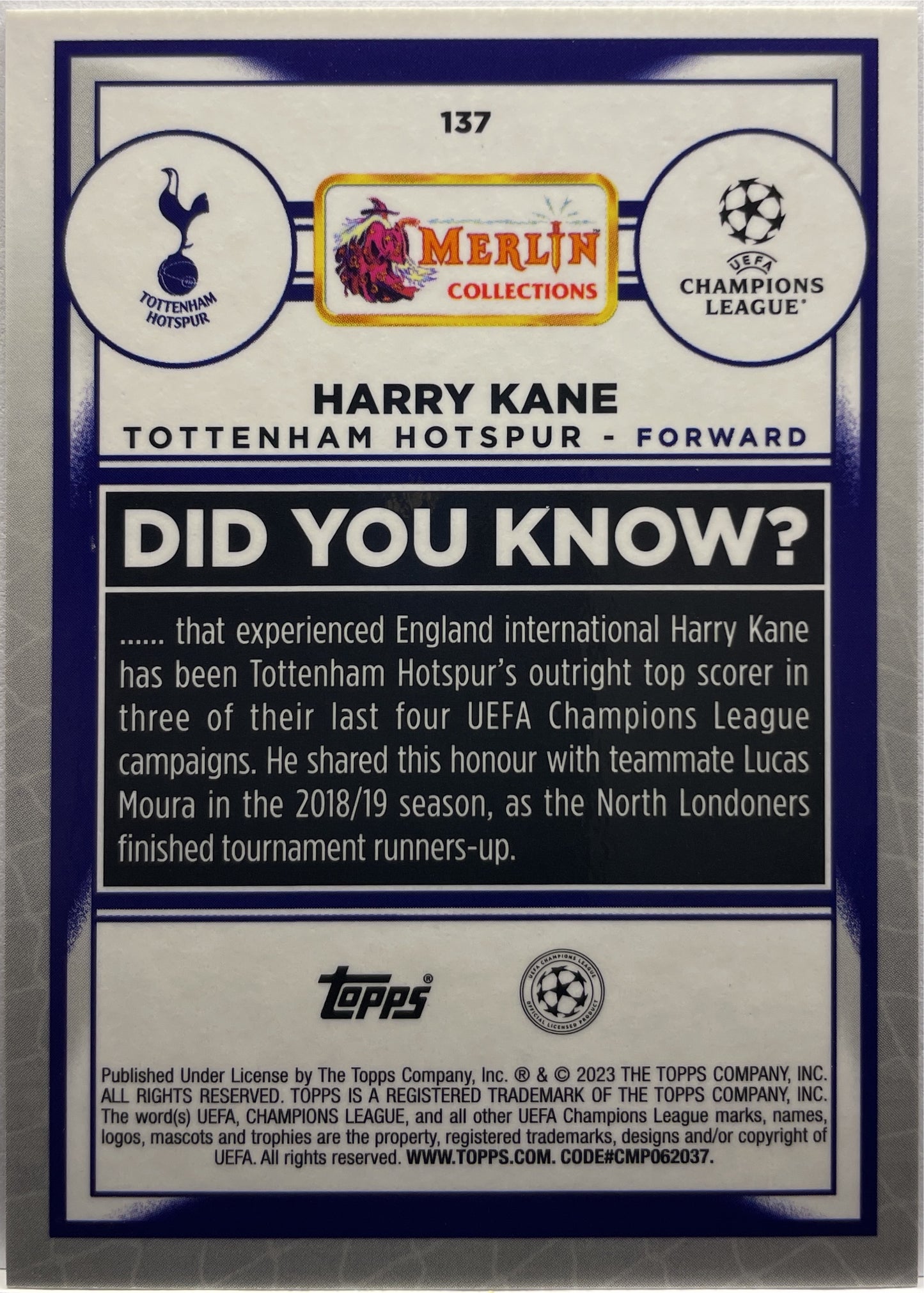 Harry Kane 140/275 Pink Mojo Topps Chrome Merlin 2022/23