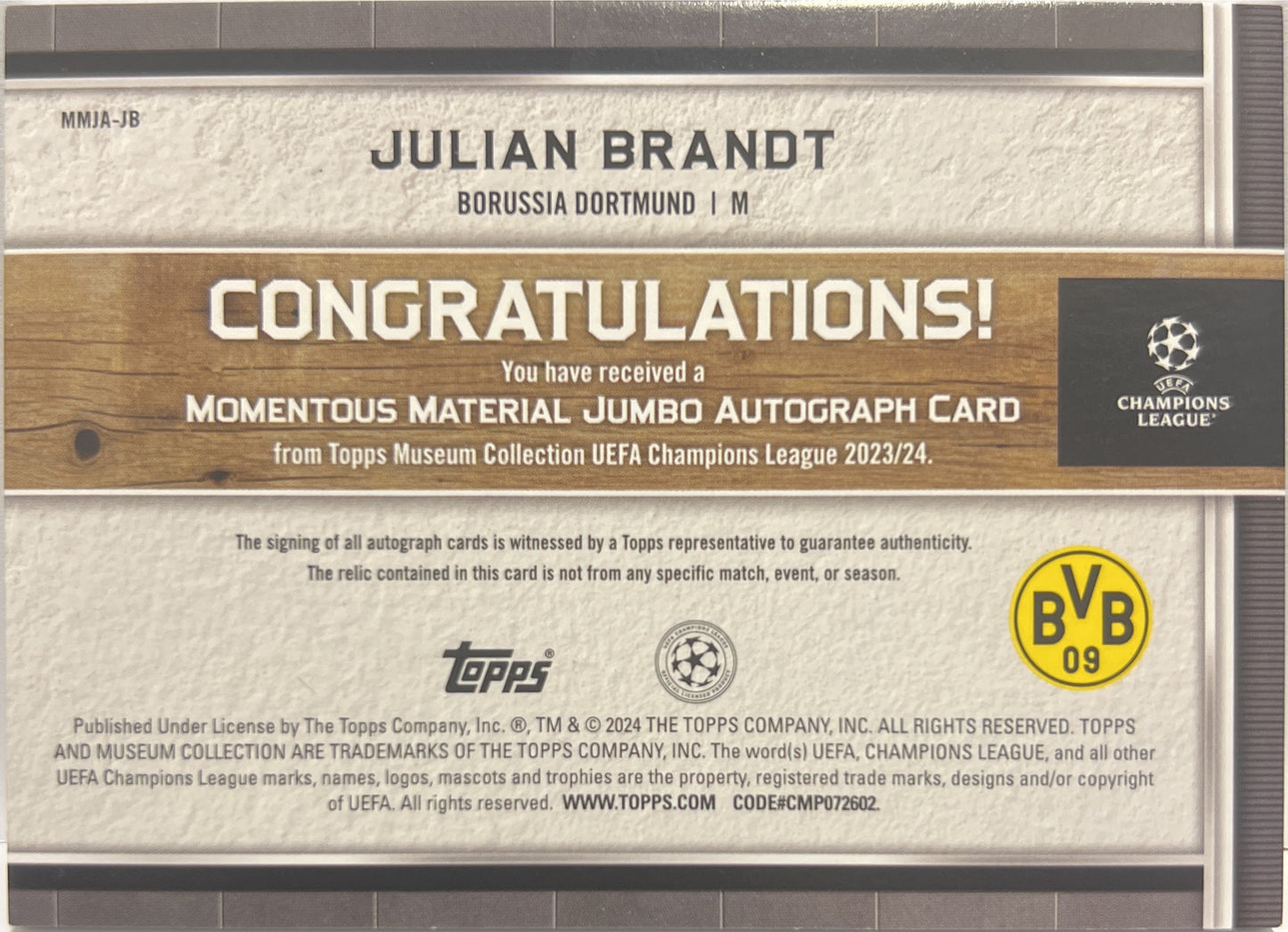 Julian Brandt 26/50 Patch Autograph Momentous Material Topps Museum 2023/24