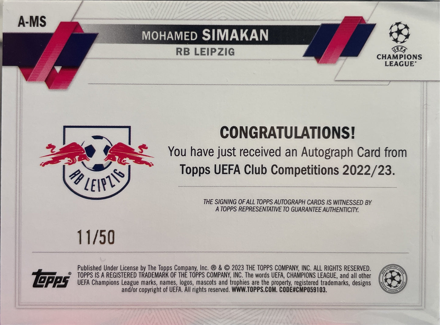 Mohamed Simakan 11/50 Autograph Topps UCC 2022/23