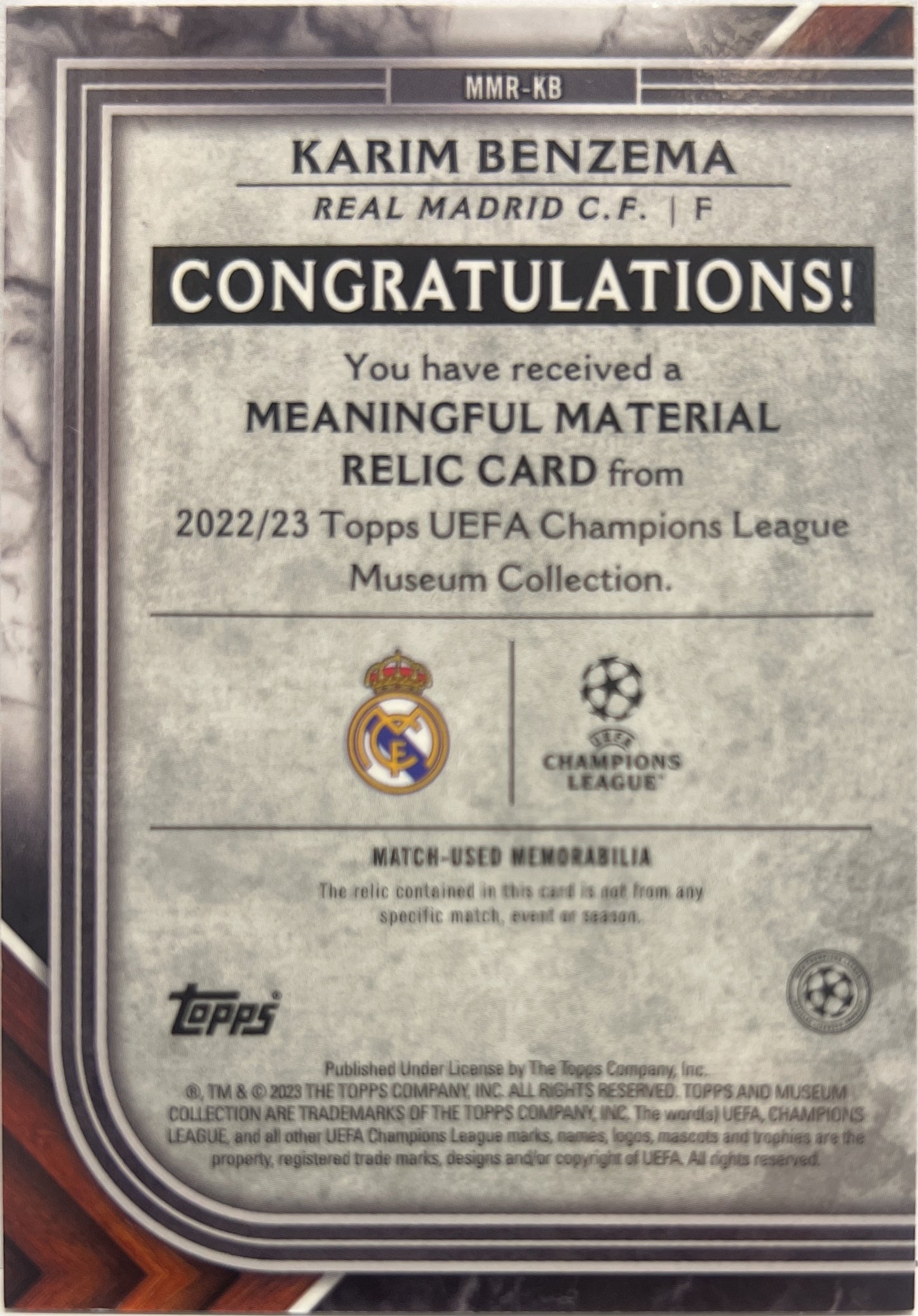 Karim Benzema 60/75 Patch Worn Meaningful Material Topps Museum 2022/23