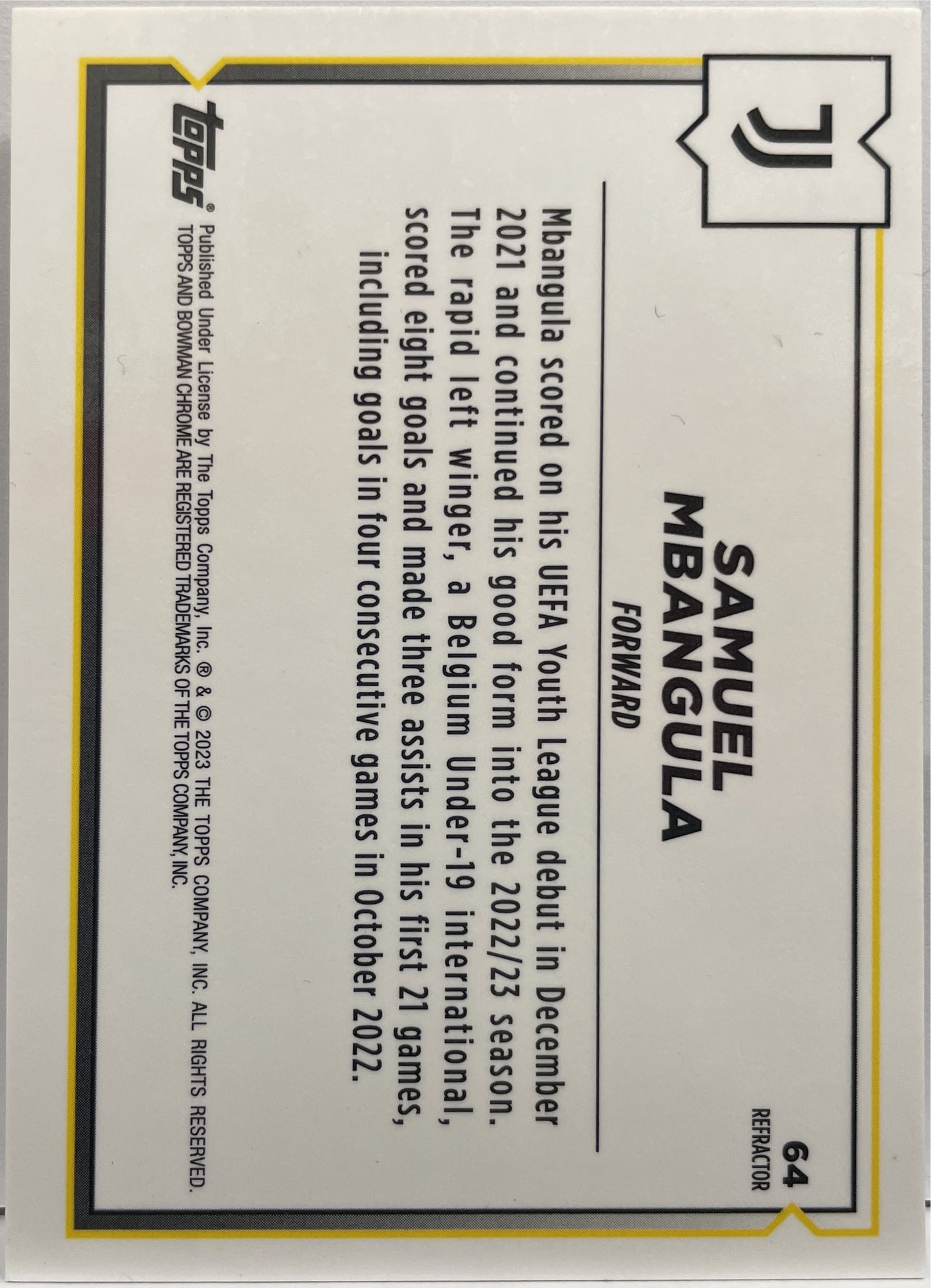 Samuel Mbangula Refractor 1ST Bowman Topps Chrome Juventus 2022/23