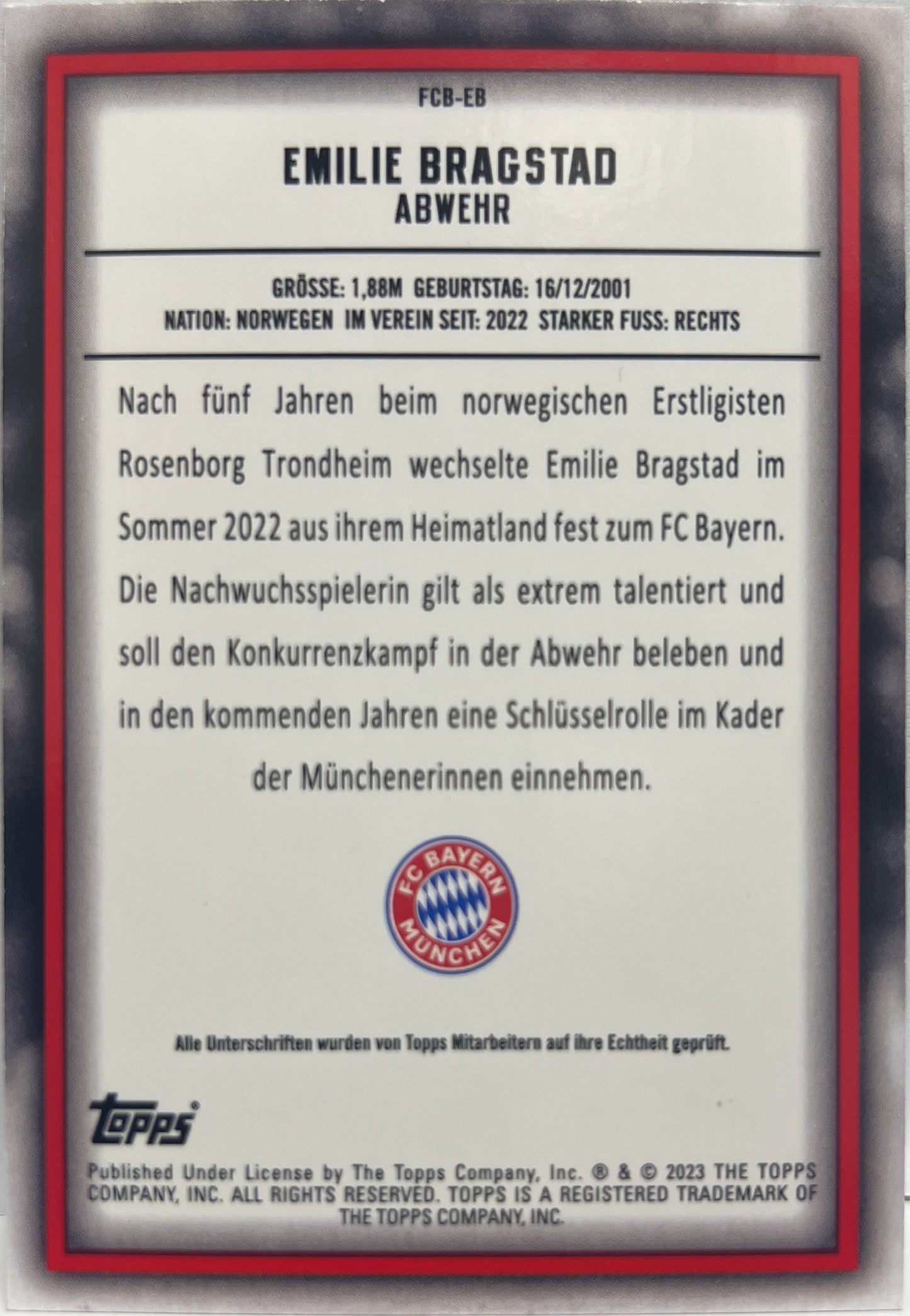 Emilie Bragstad Rookie Autograph Topps Team Set Bayern Munchen 2022/23