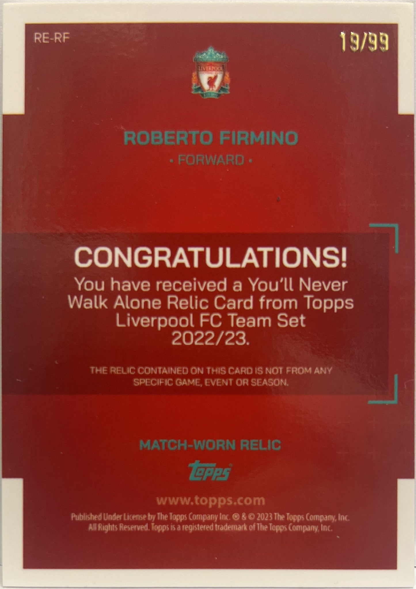 Roberto Firmino 19/99 Patch YNWA Topps Liverpool Team Set 2022/23