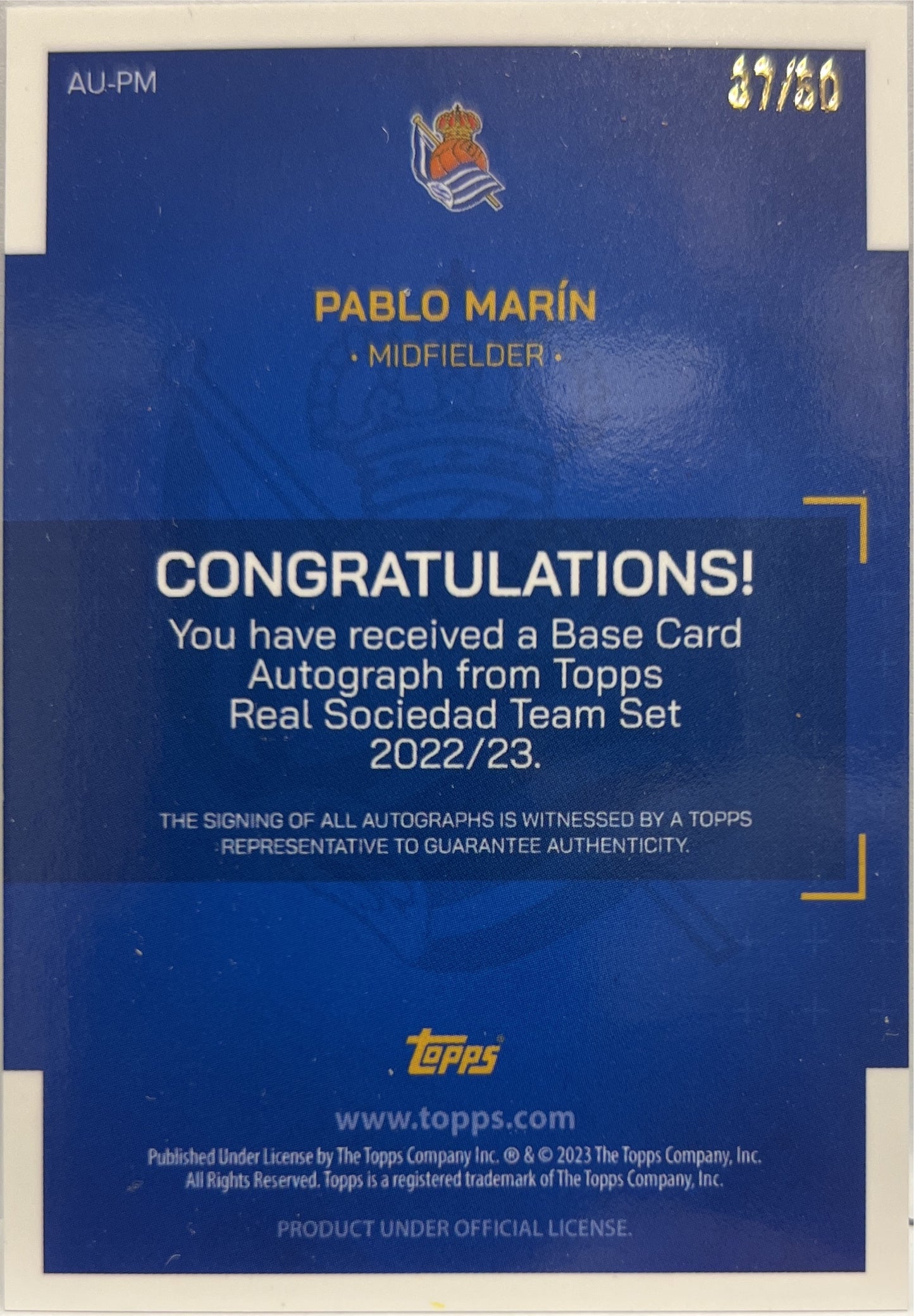 Pablo Marin 37/50 Rookie Autograph Green Topps Team Set Real Sociedad 2022/23