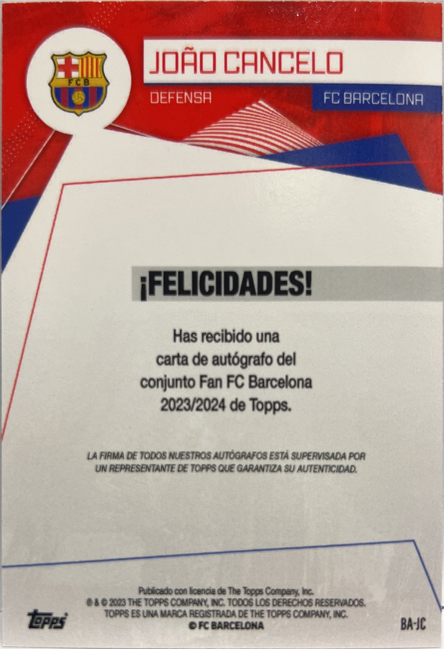 Joao Cancelo Autograph Topps Fan Set Barcellona 2023/24