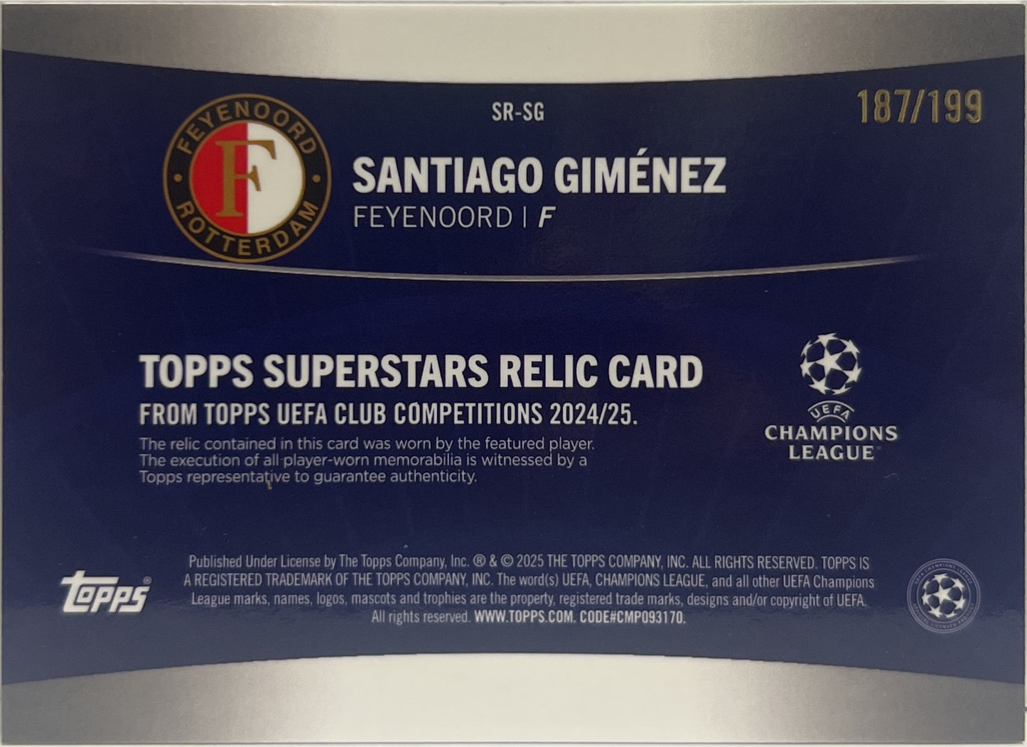 Santiago Gimenez 187/199 Patch Topps UCC 2024/25