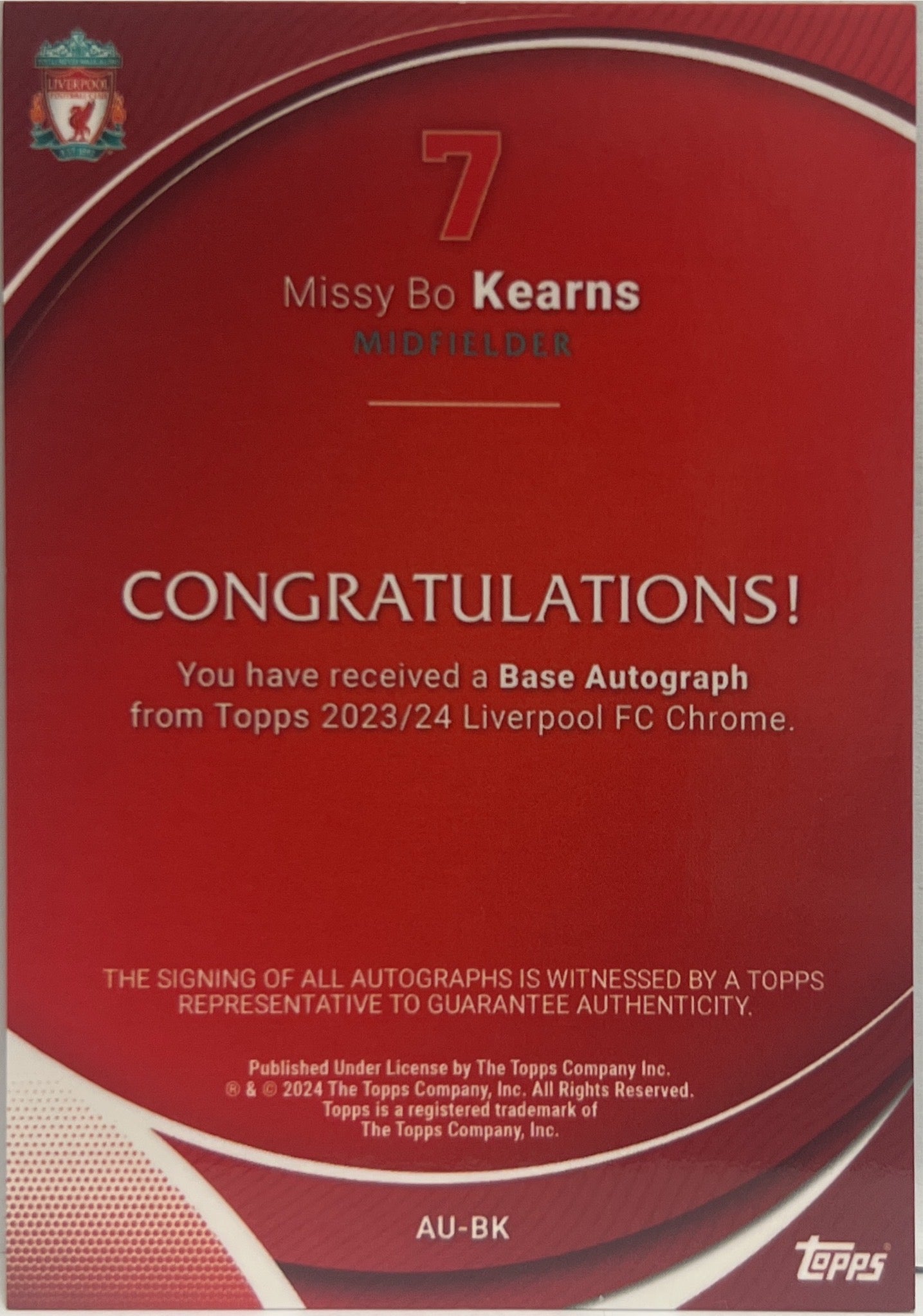 Missy Bo Kearns Rookie Autograph Topps Chrome Liverpool 2023/24