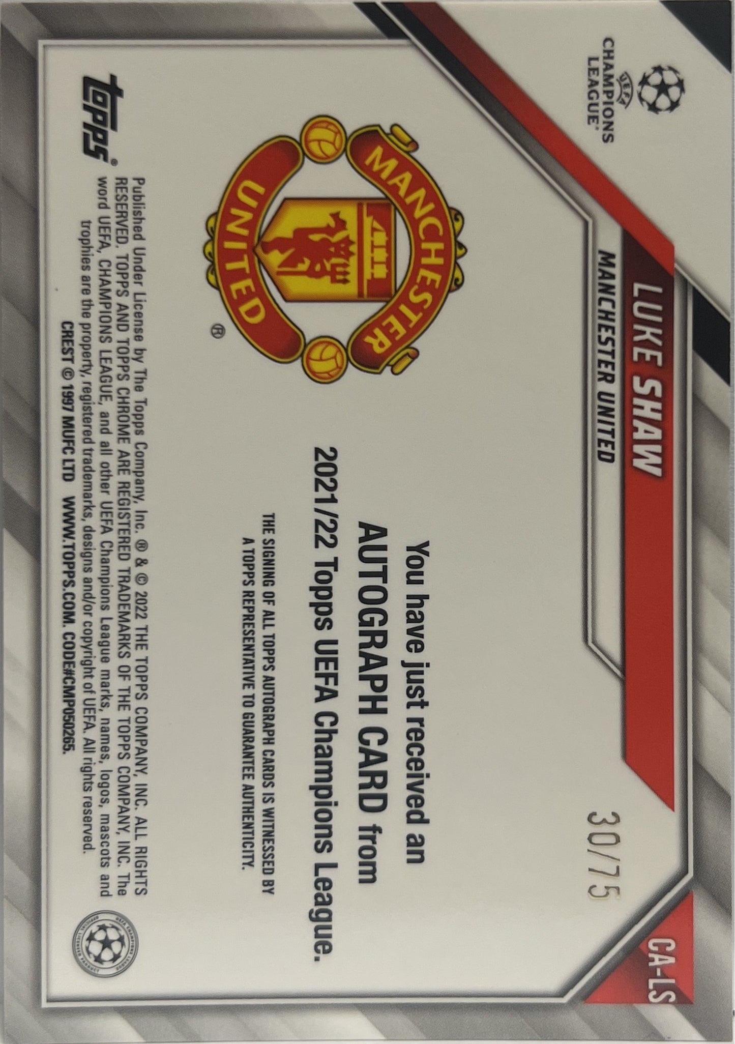Luke Shaw 30/75 Autograph Topps Chrome UCL 2021/22