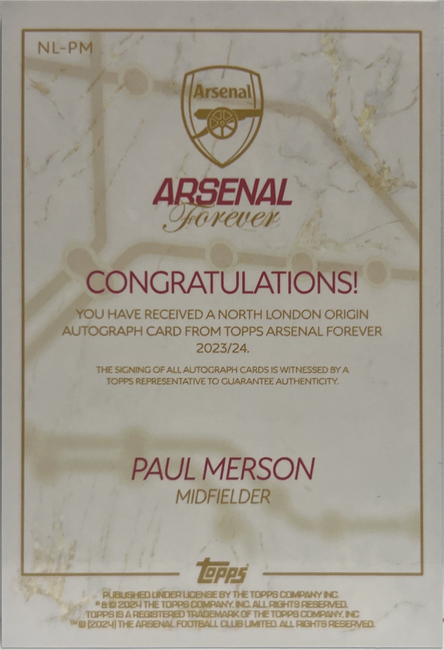Paul Merson 5/99 Autograph Green Topps Arsenal Forever 2023/24