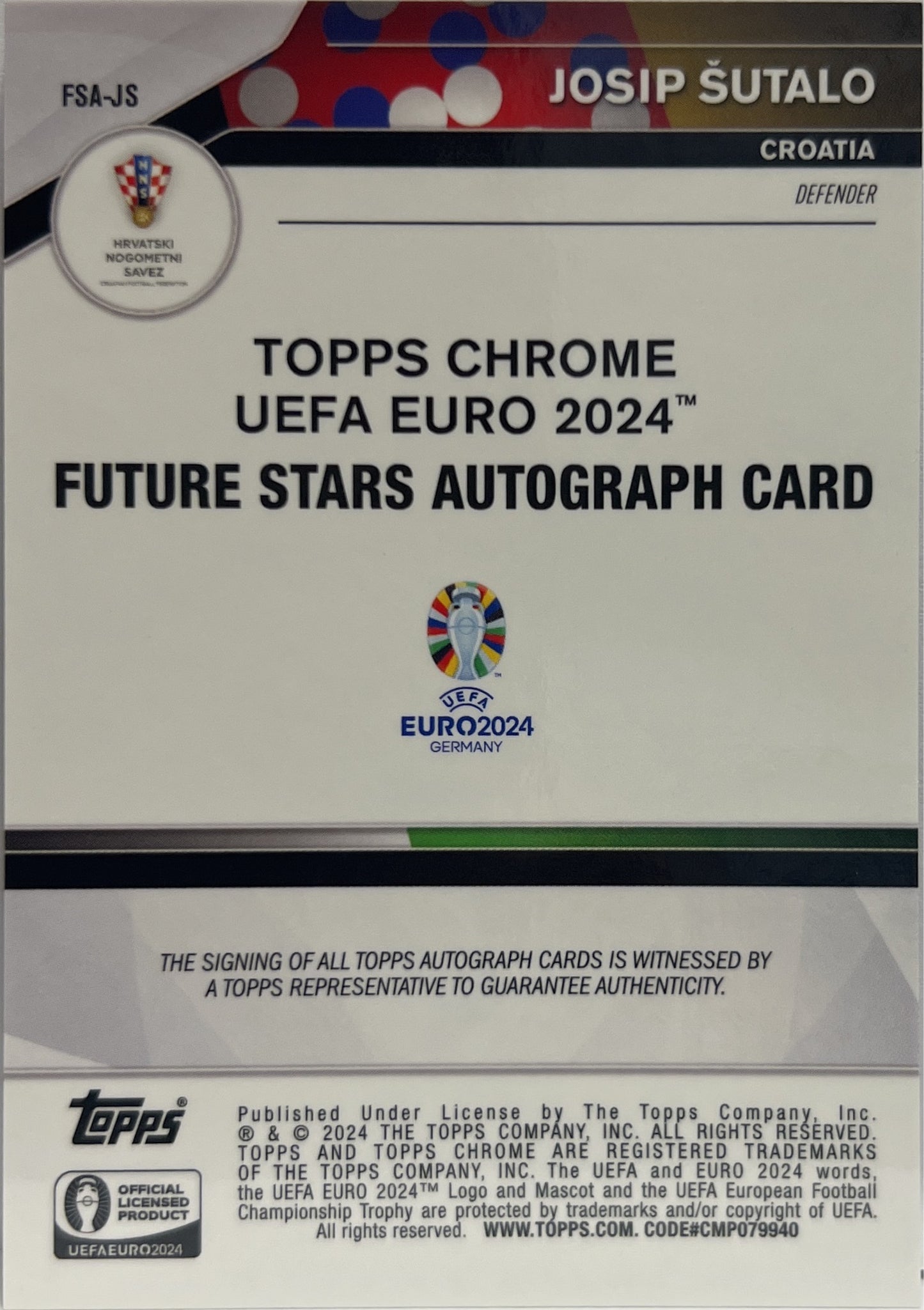 Josip Sutalo Autograph Future Stars Topps Chrome Euro 2024