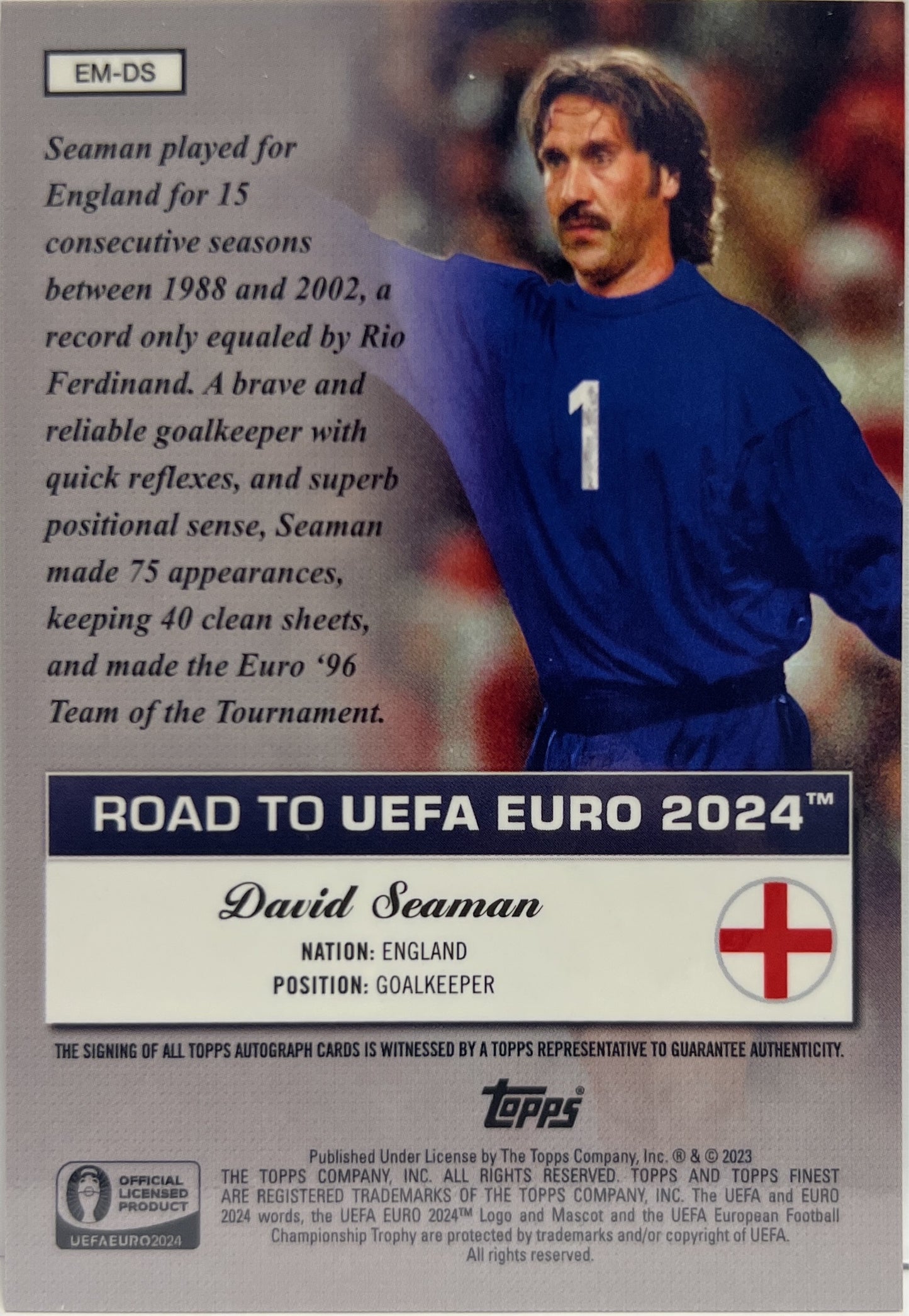 David Seaman 26/100 Autograph Euro Masters Topps Finest Road To Uefa Euro 2024