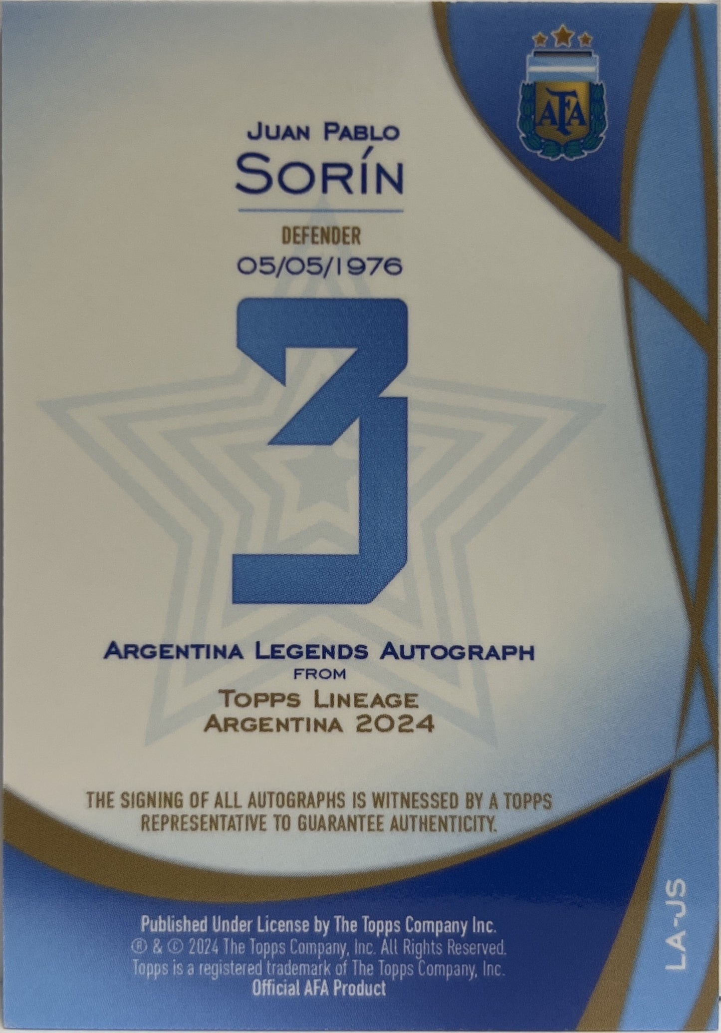 Juan Pablo Sorin Autograph Topps Lineage Argentina 2024