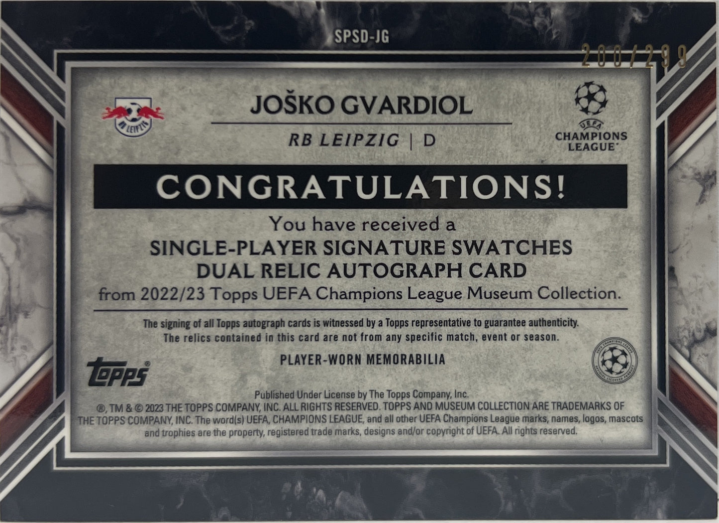 Josko Gvardiol 200/299 Patch Autograph Topps Museum 2022/23