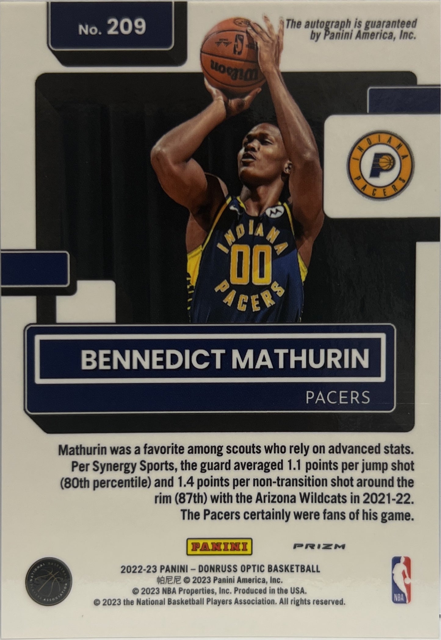 Bennedict Mathurin Autograph Rated Rookie Donruss Optic Basketball NBA 2022/23