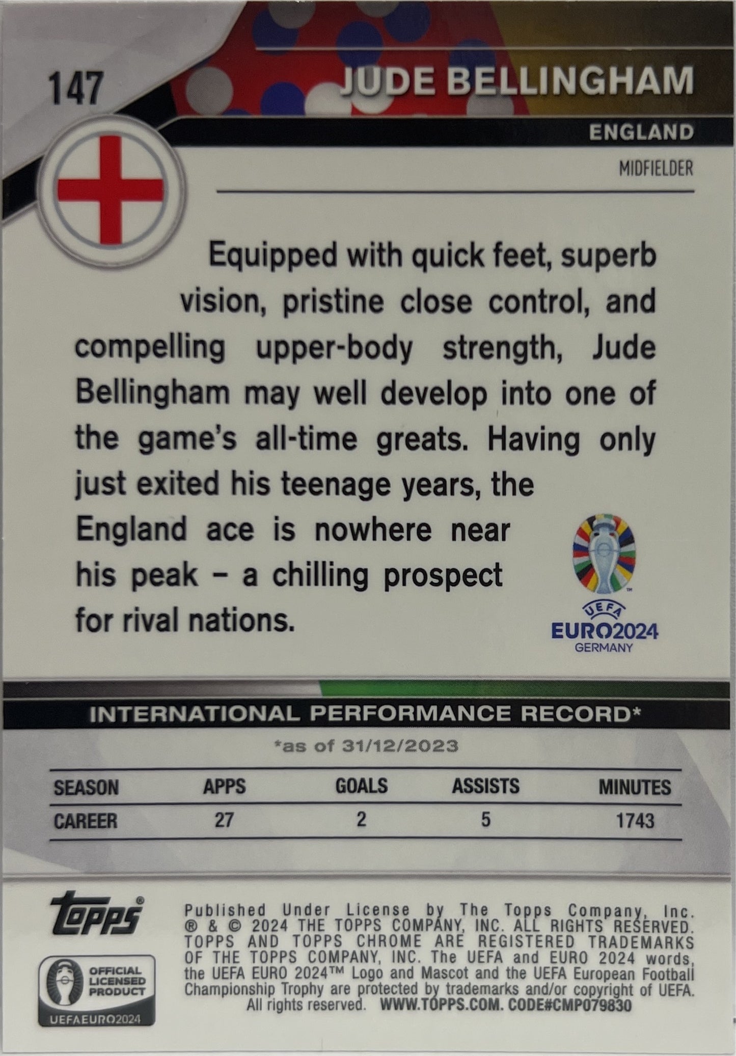 Jude Bellingham 44/50 Gold Topps Chrome Euro 2024