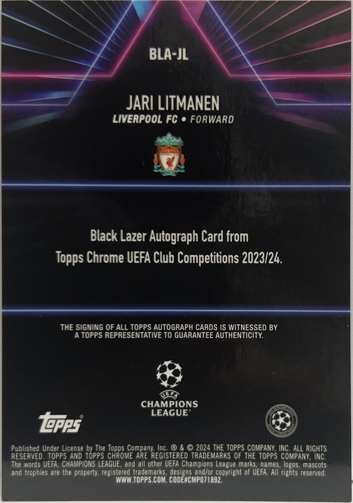 Jari Litmanen 186/199 Autograph Lazer Pink Topps Chrome UCC 2024/25