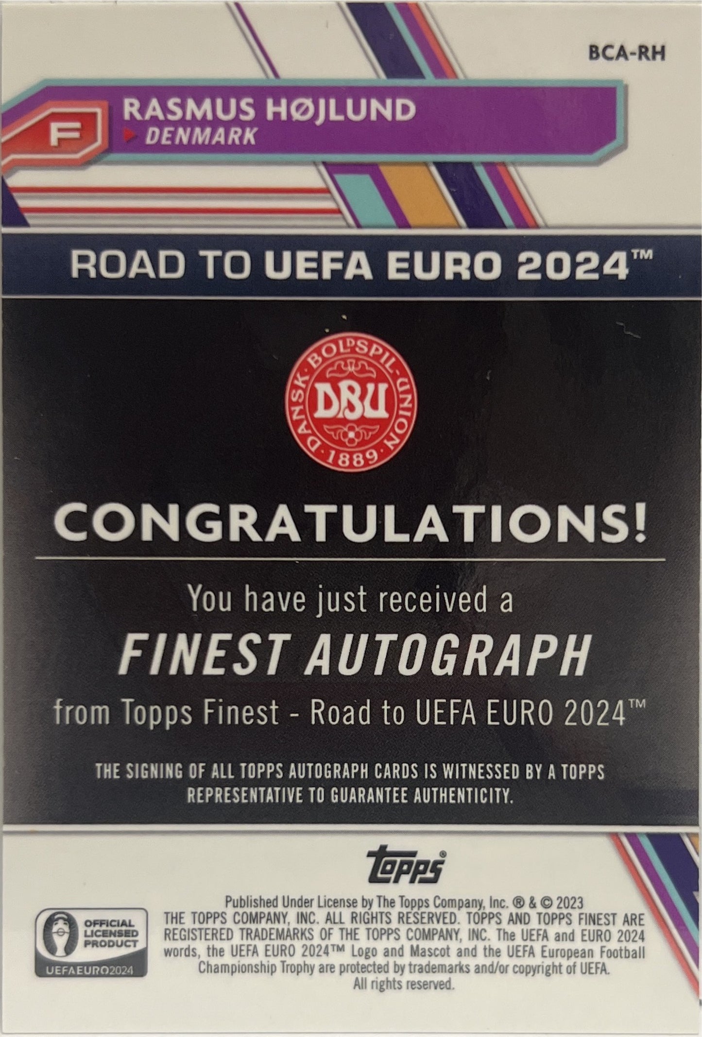Rasmus Hojlund 67/99 Autograph National Debut Green Topps Finest Road To Uefa Euro 2024