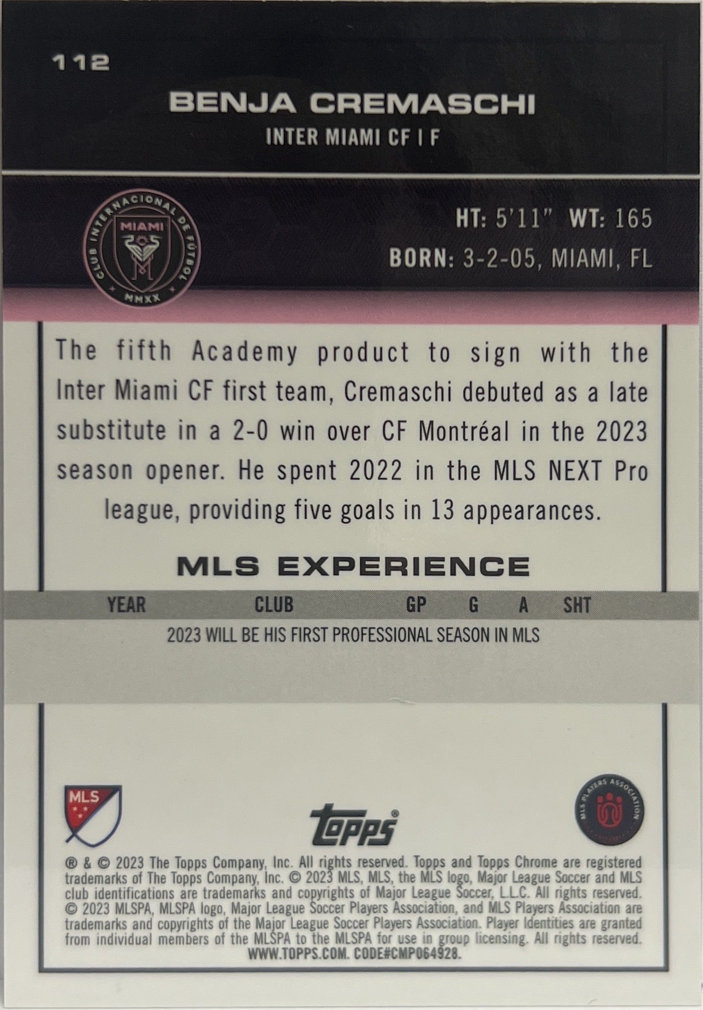 Benja Cremaschi 1/5 Rookie Red Topps Chrome MLS 2022/23