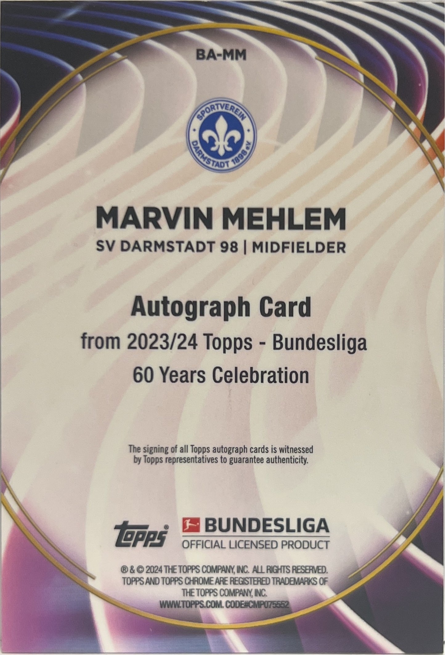 Marvin Mehlen 17/50 Autograph Topps 60 Years Celebration Bundesliga 2023/24