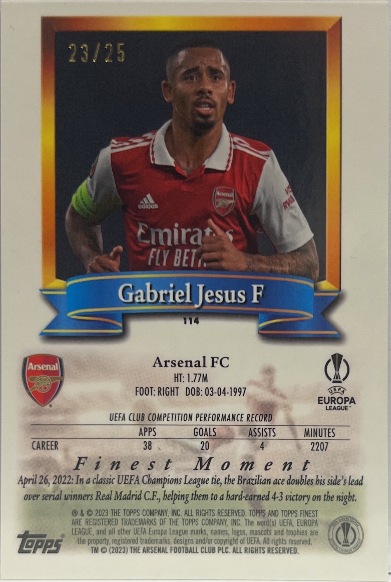 Gabriel Jesus 23/25 Topps Finest Flashback 2022/23