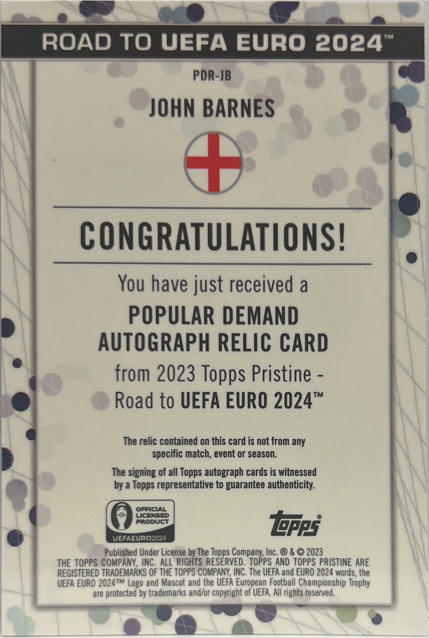 John Barnes Patch Autograph Popular Demand Topps Pristine Road To Euro 2024