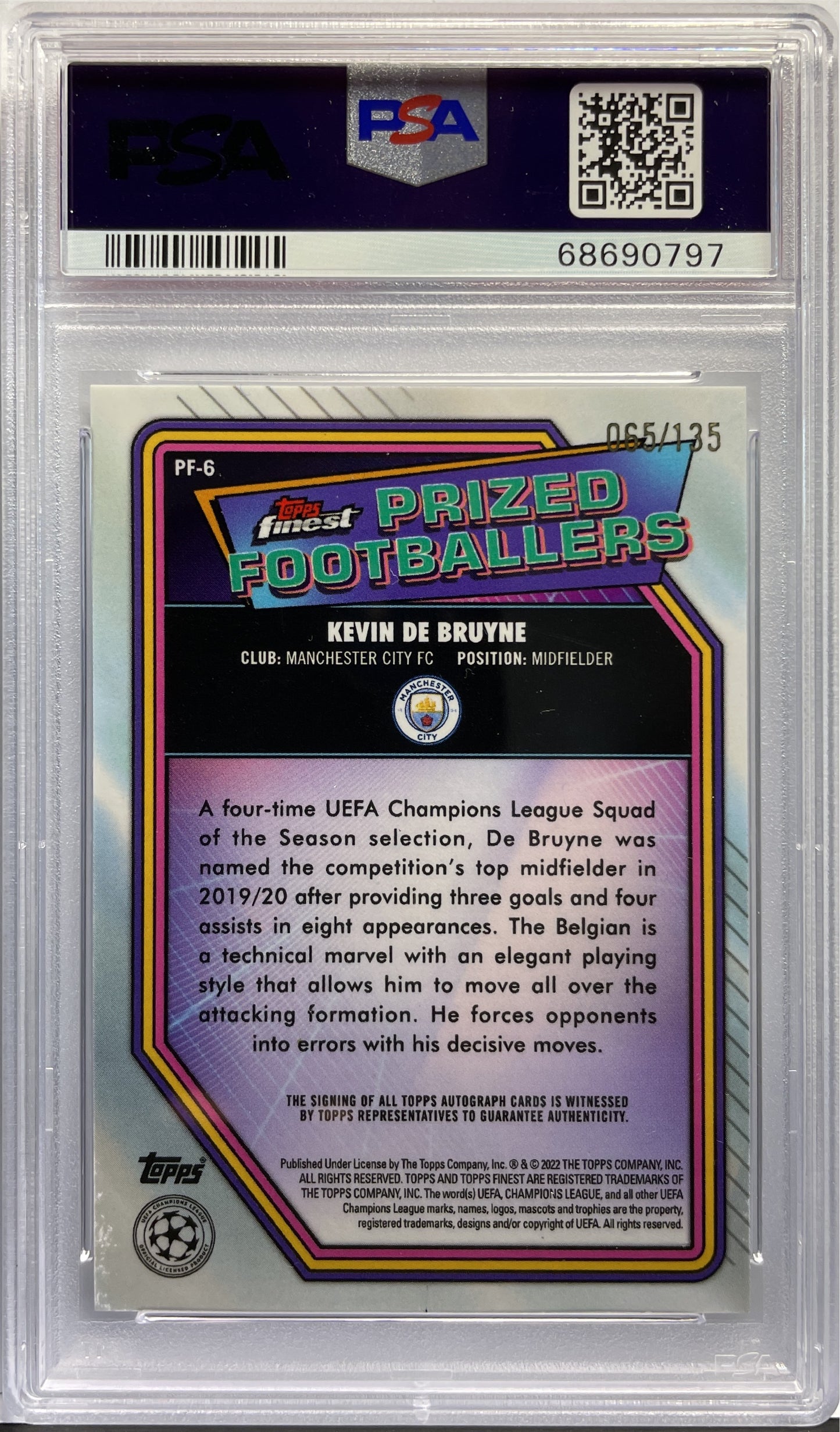 PSA 9 - Kevin De Bruyne 65/ 135 Autograph - Topps Finest UCL 2021/22
