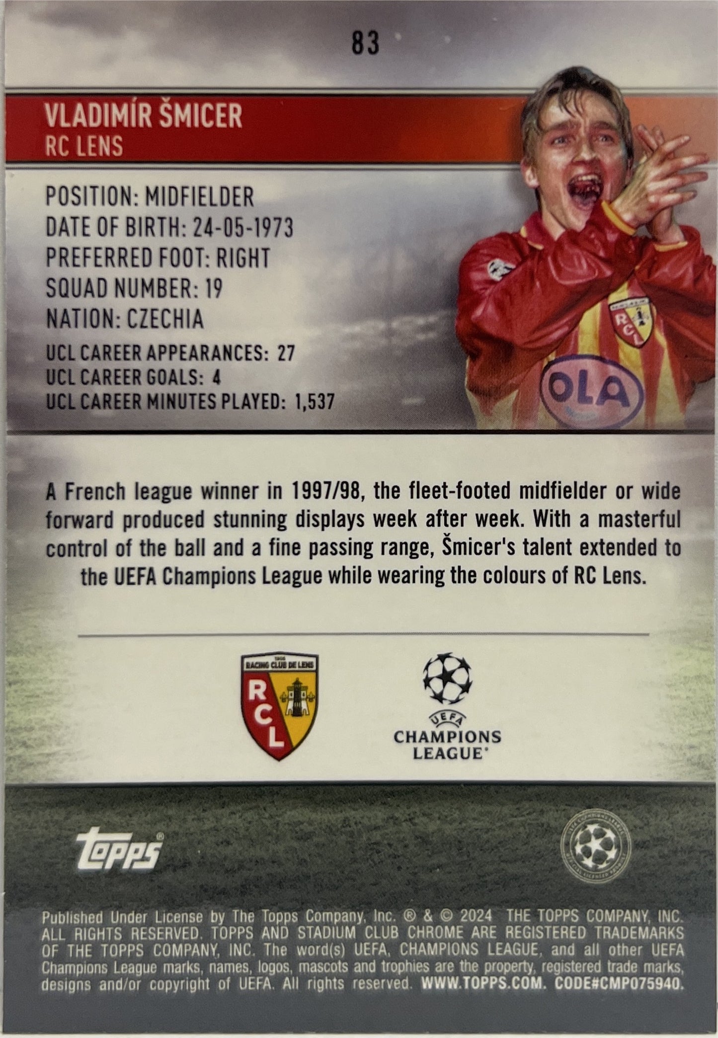 Vladimir Smicer 9/15 Purple Topps Stadium Chrome 2023/24